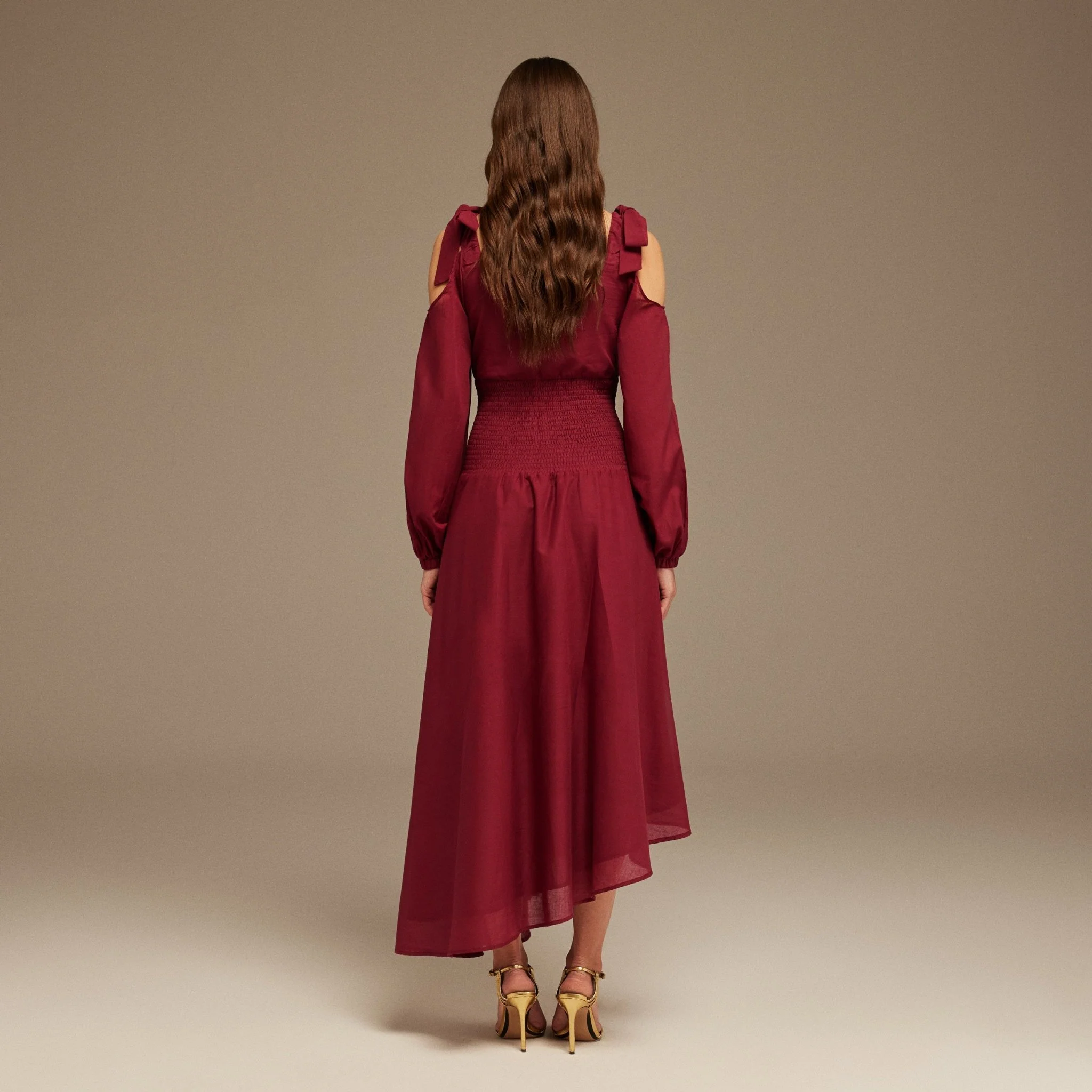 Plum Balloon Long Sleeve With Ruched Waist Midi Dress - Image 4