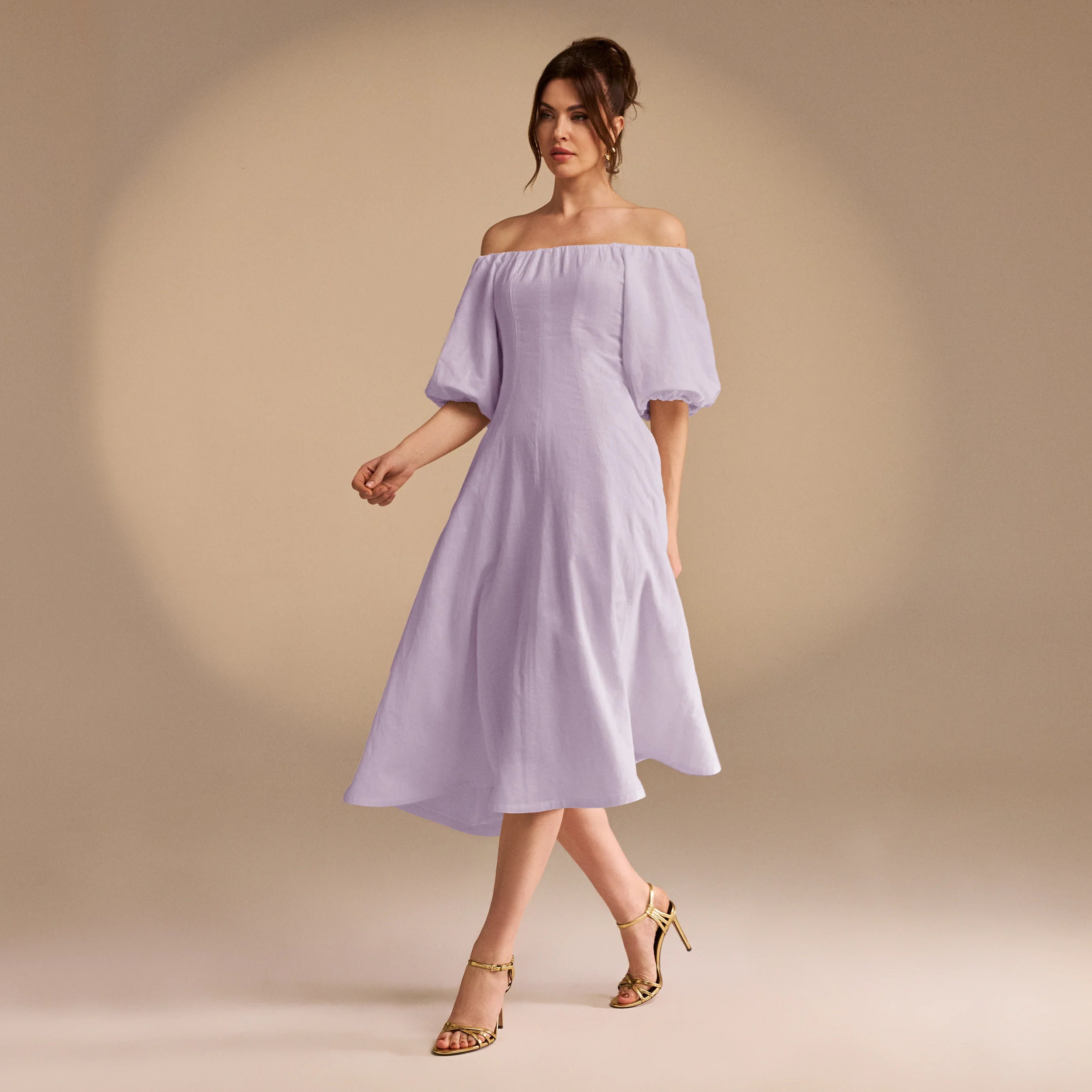Off-Shoulder Balloon Sleeve Linen Blend Midi Dress - Image 4