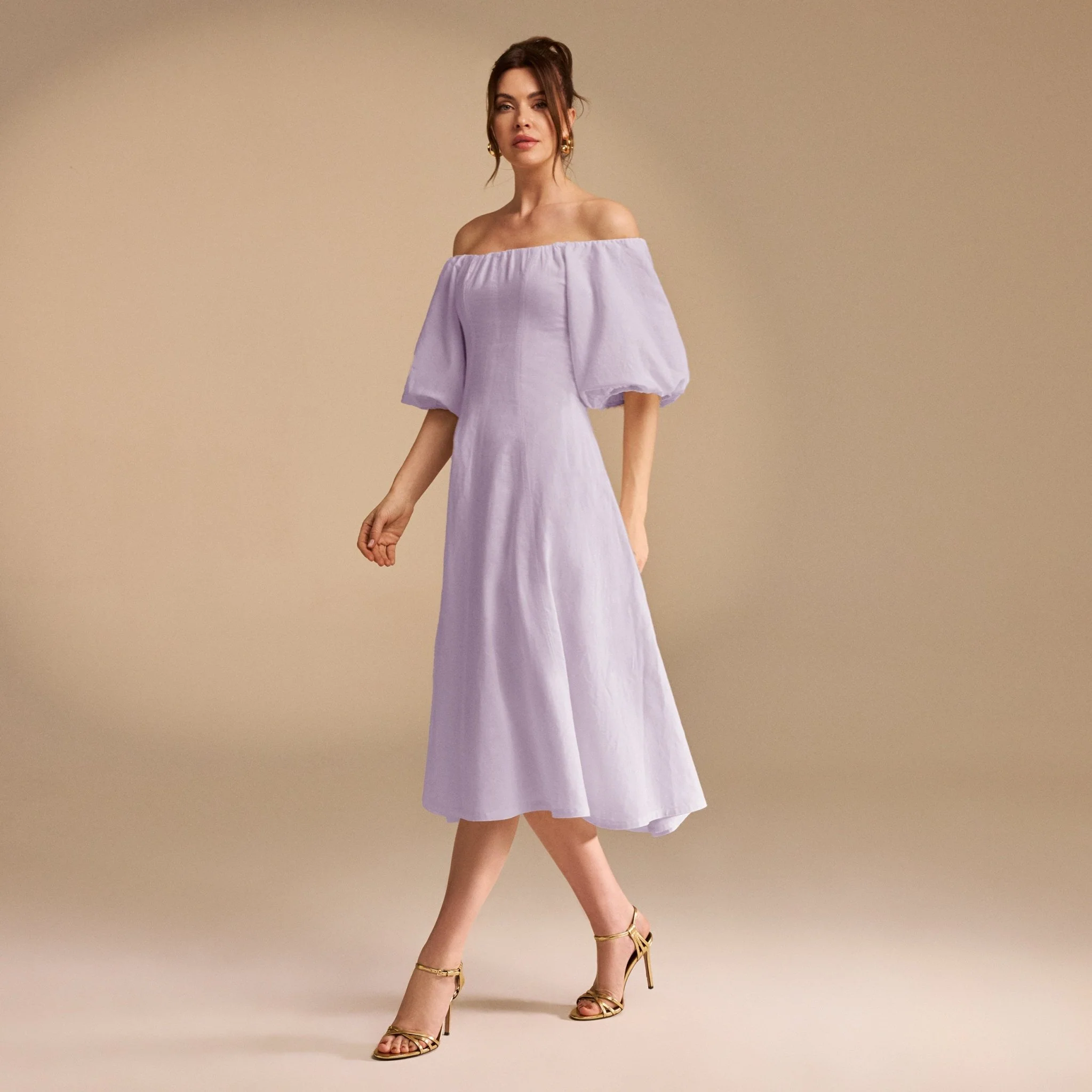 Off-Shoulder Balloon Sleeve Linen Blend Midi Dress - Image 5