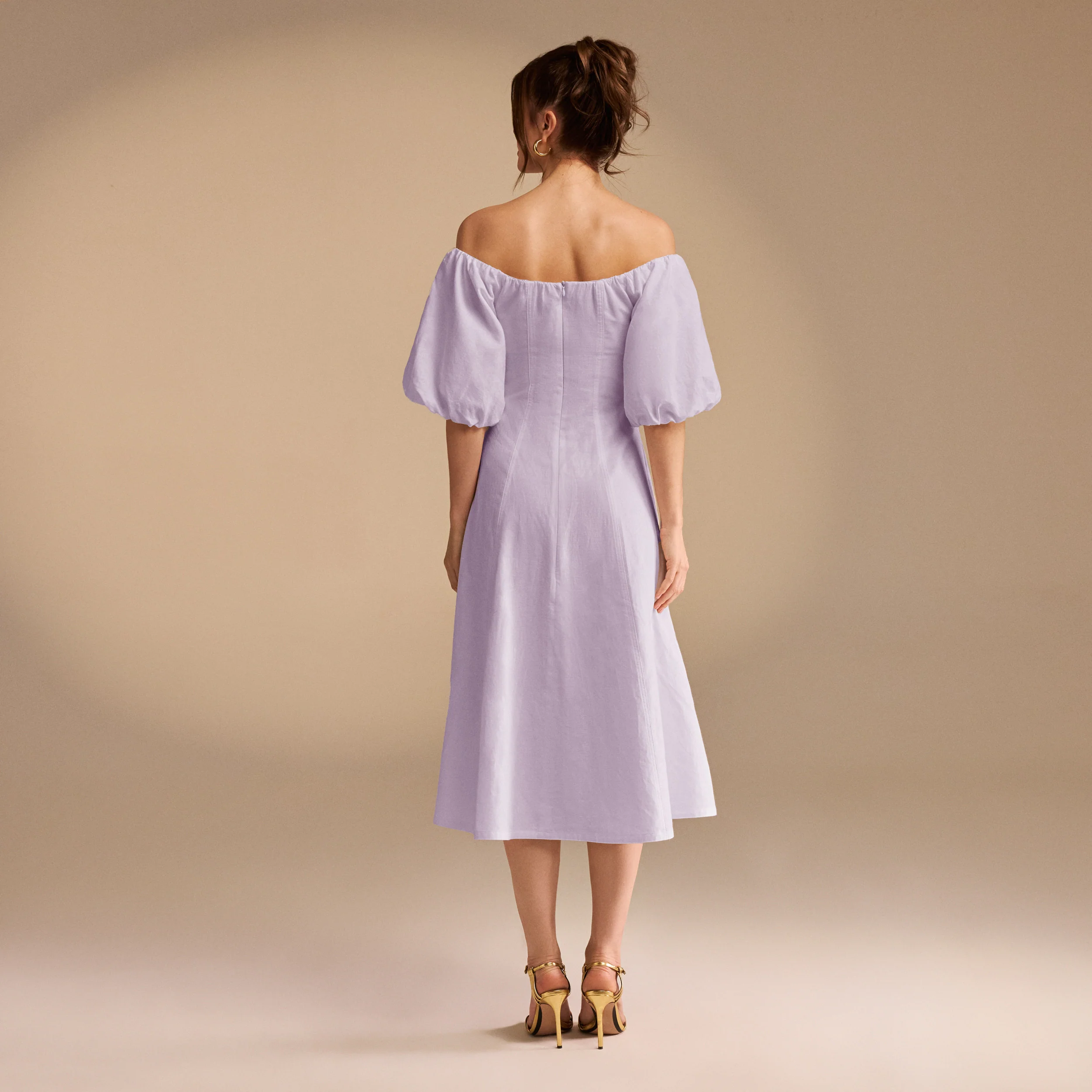Off-Shoulder Balloon Sleeve Linen Blend Midi Dress - Image 7