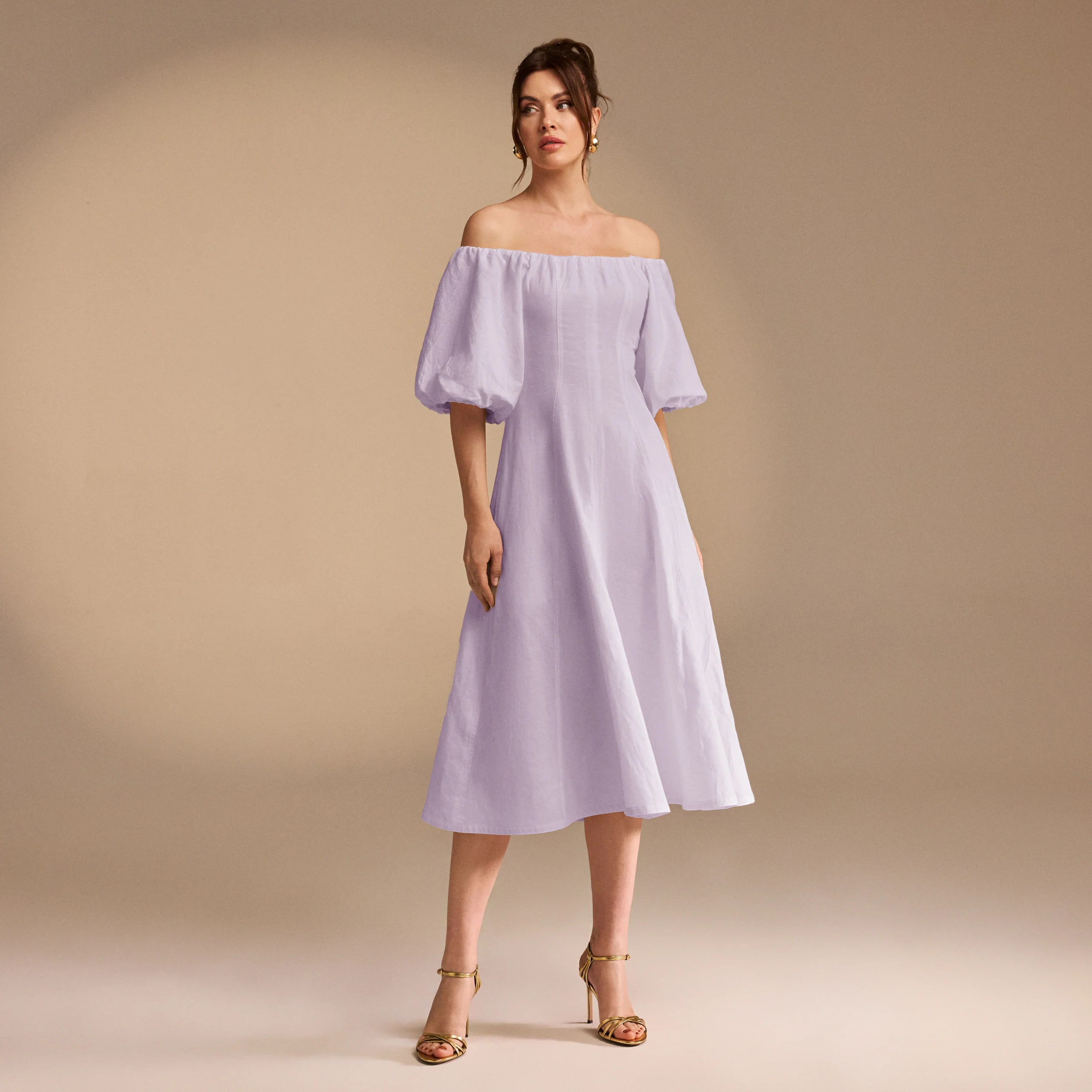 Off-Shoulder Balloon Sleeve Linen Blend Midi Dress - Image 8