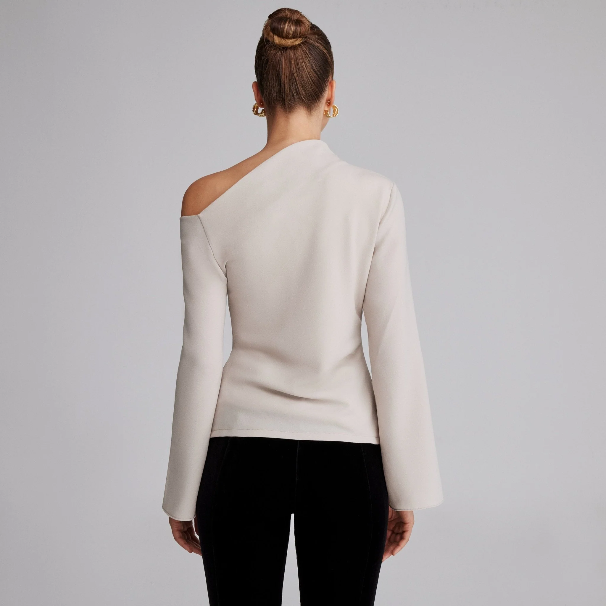 Beige Bare shoulder Crepe Blouse - Image 3