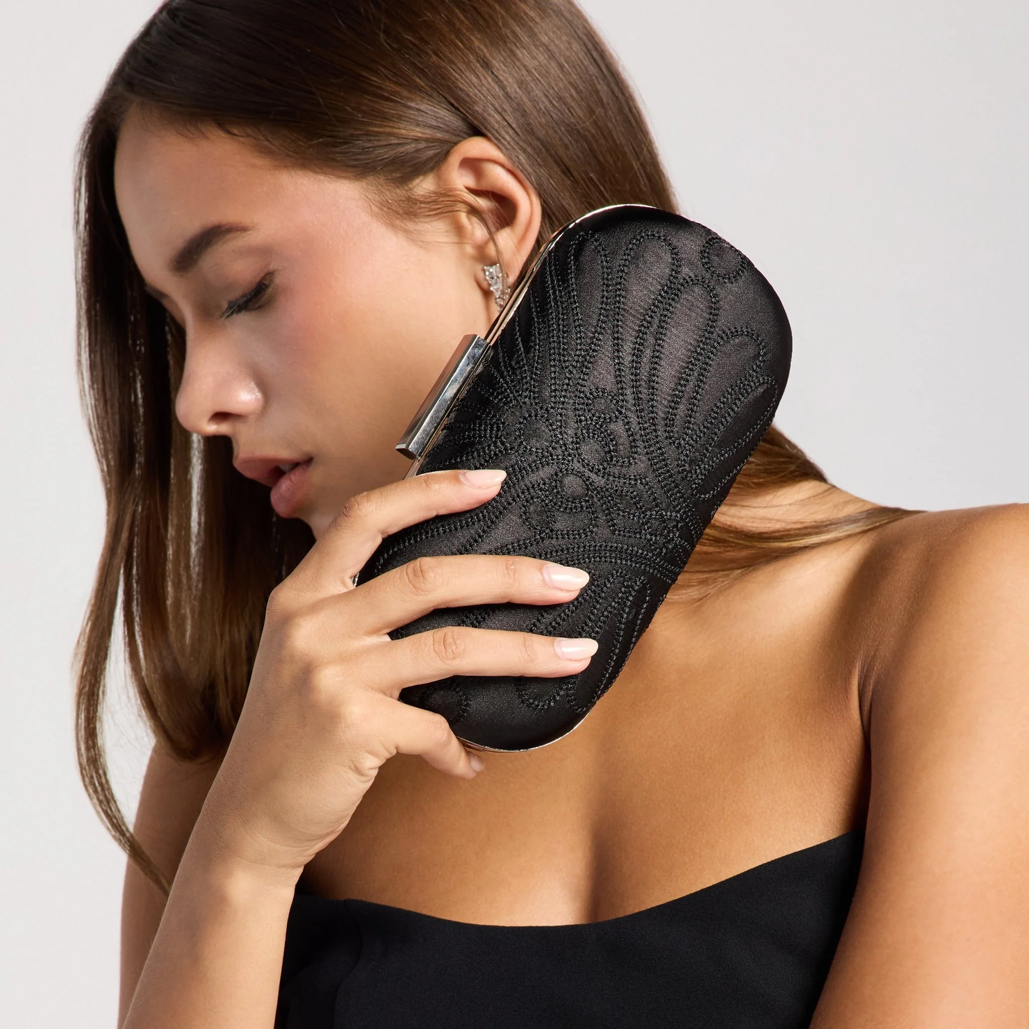 Black Embroidered Satin Clutch - Image 3