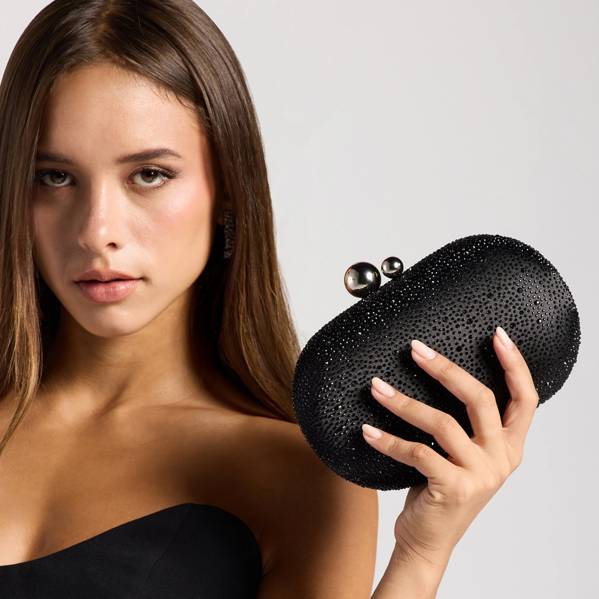 Black Crystal Beaded Oval Clutch - Image 3