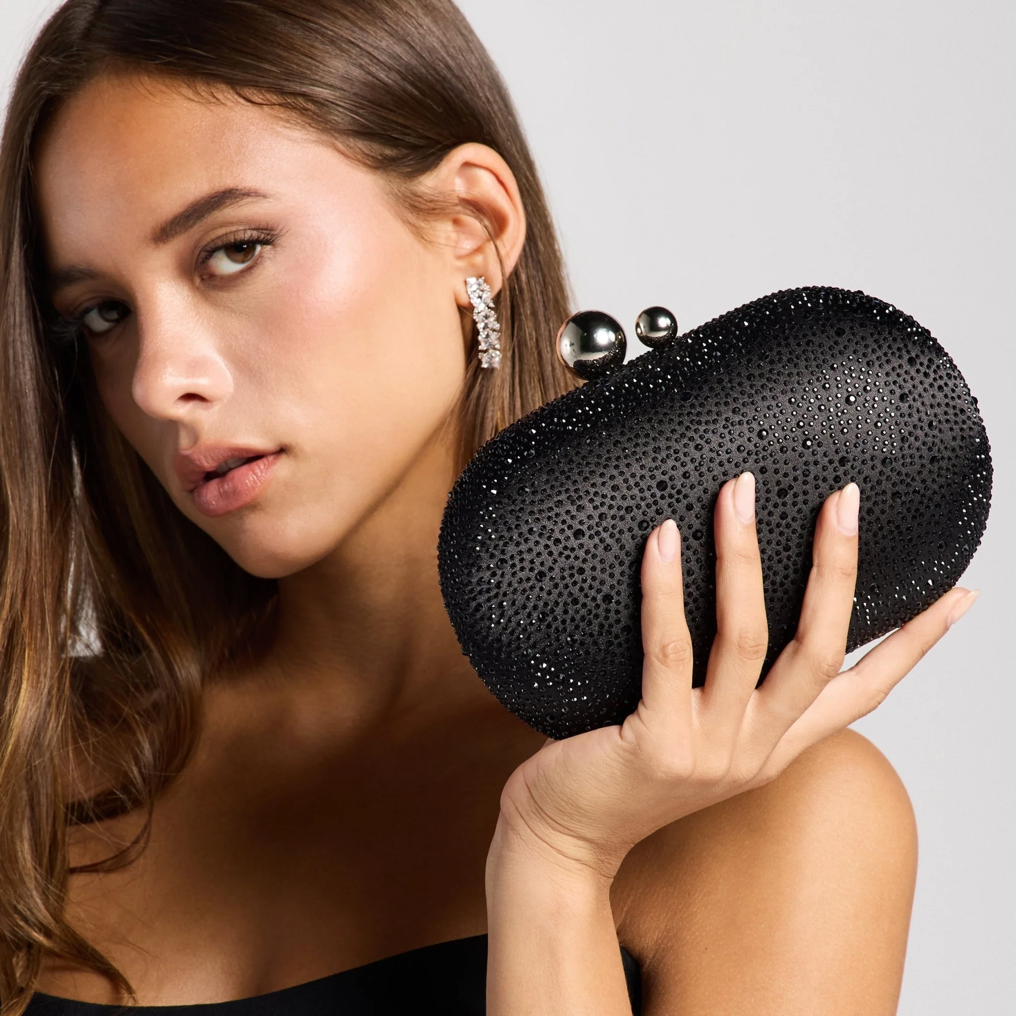 Black Crystal Beaded Oval Clutch - Image 4