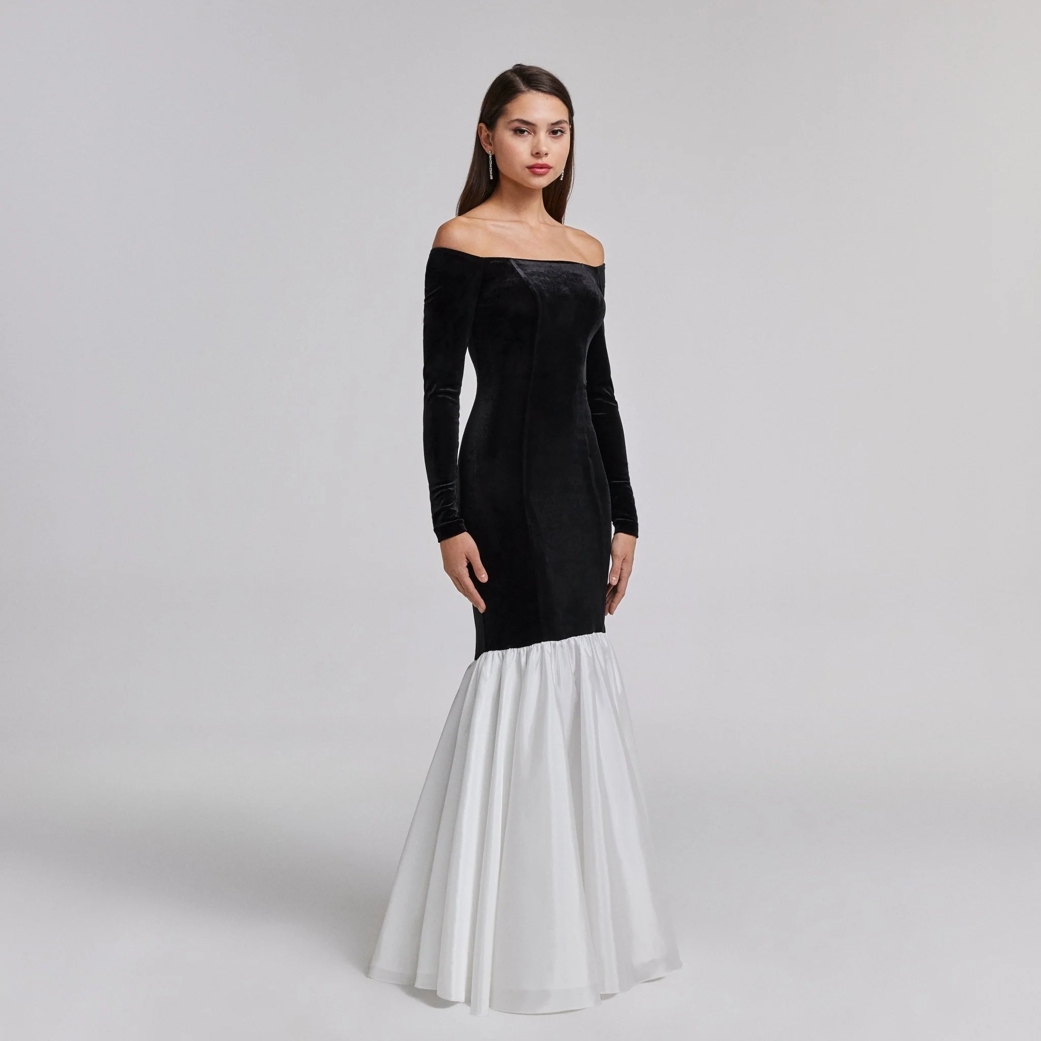 Black Velvet Off Shoulder Maxi Dress with White Ruffles - Image 3