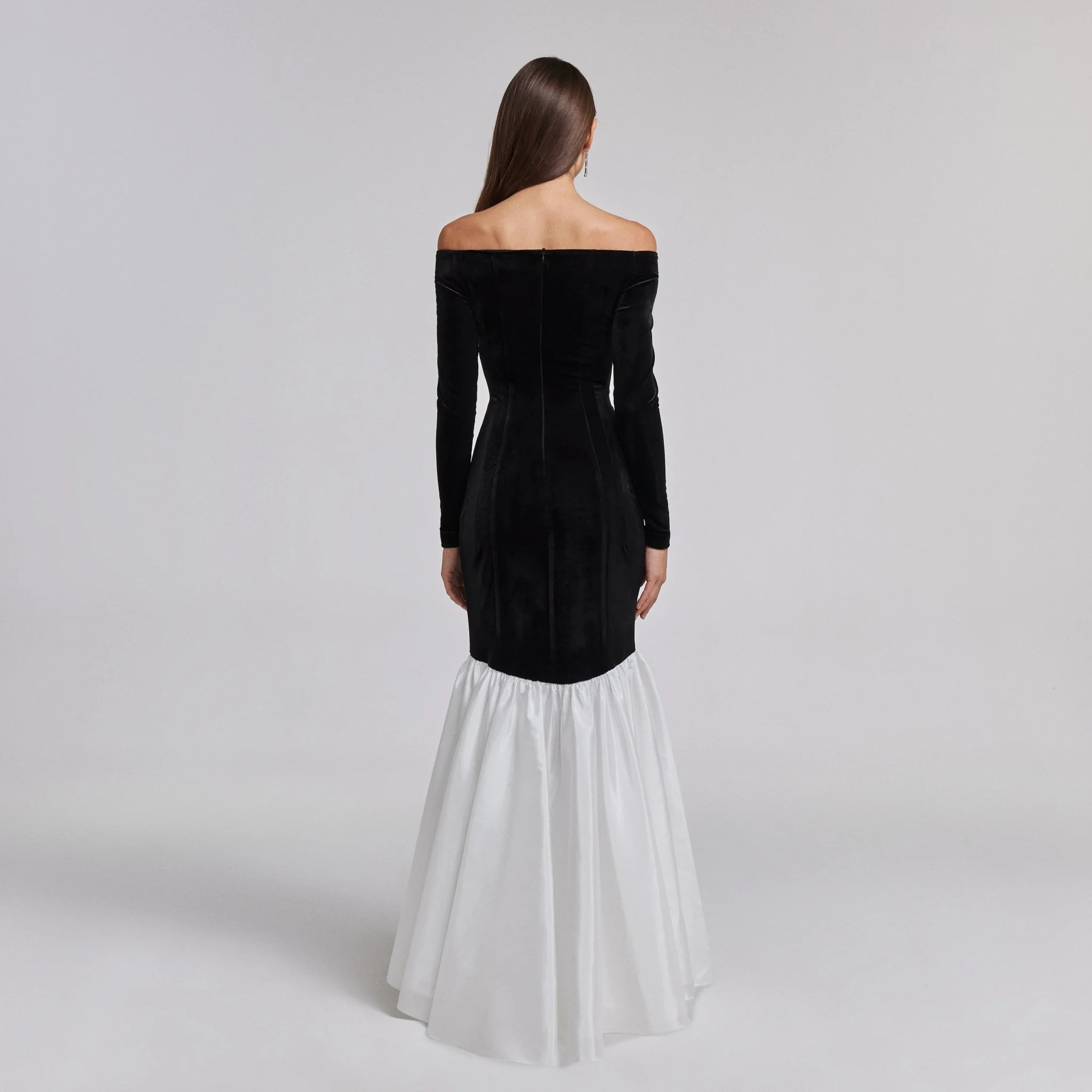 Black Velvet Off Shoulder Maxi Dress with White Ruffles - Image 4