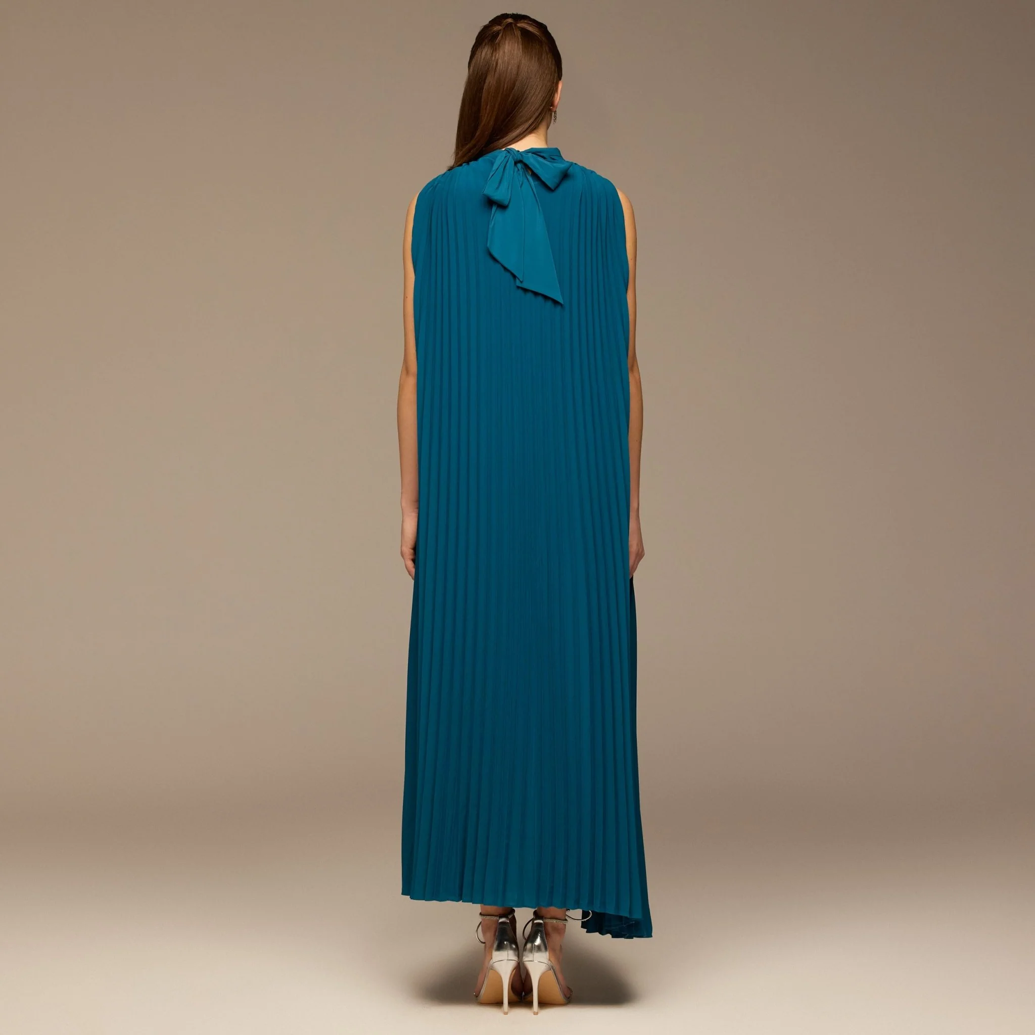 Blue V-Neck All Over Pleated Chiffon Maxi Dress - Image 3
