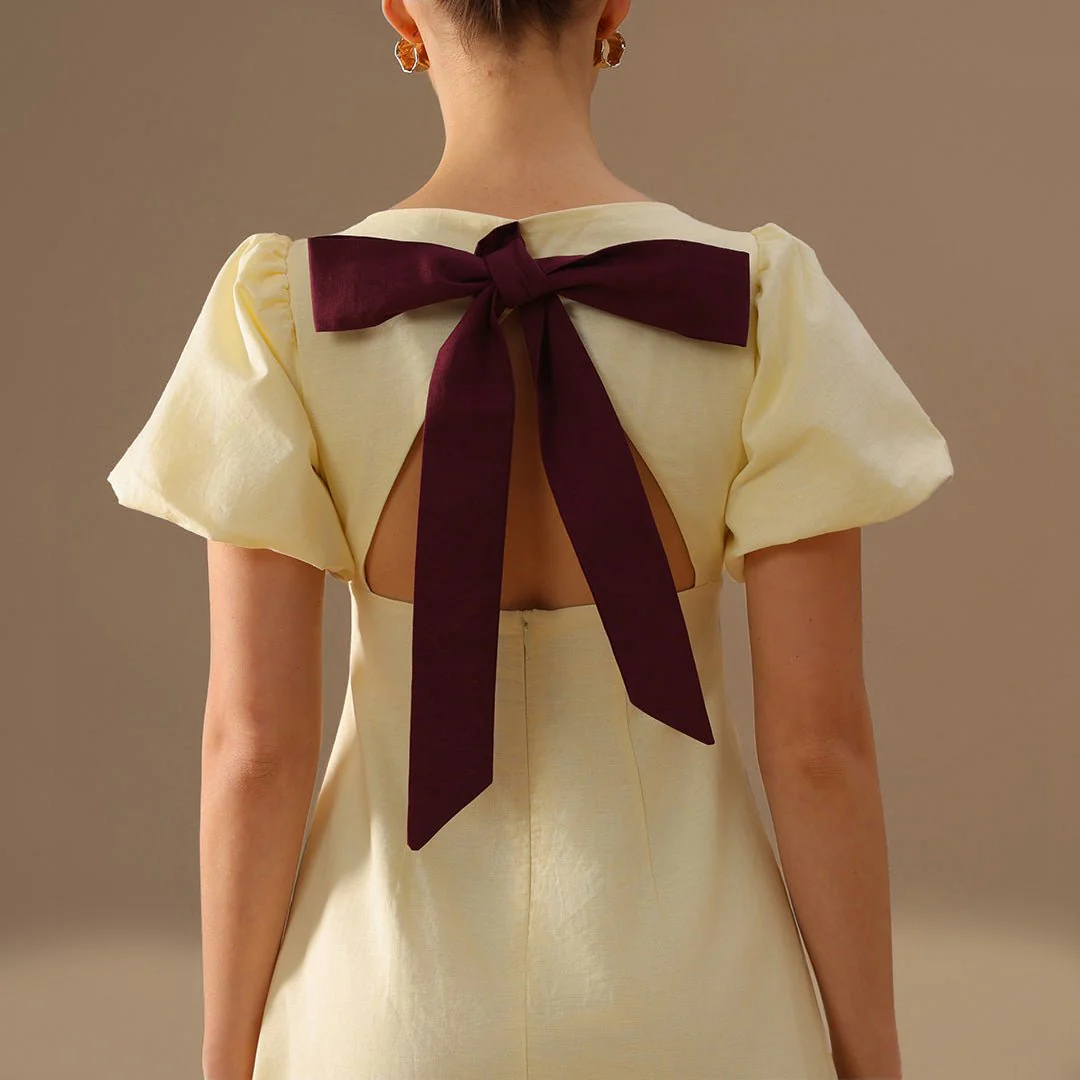 Light Yellow Boat Neck Back Bow Maxi Dress - Image 3