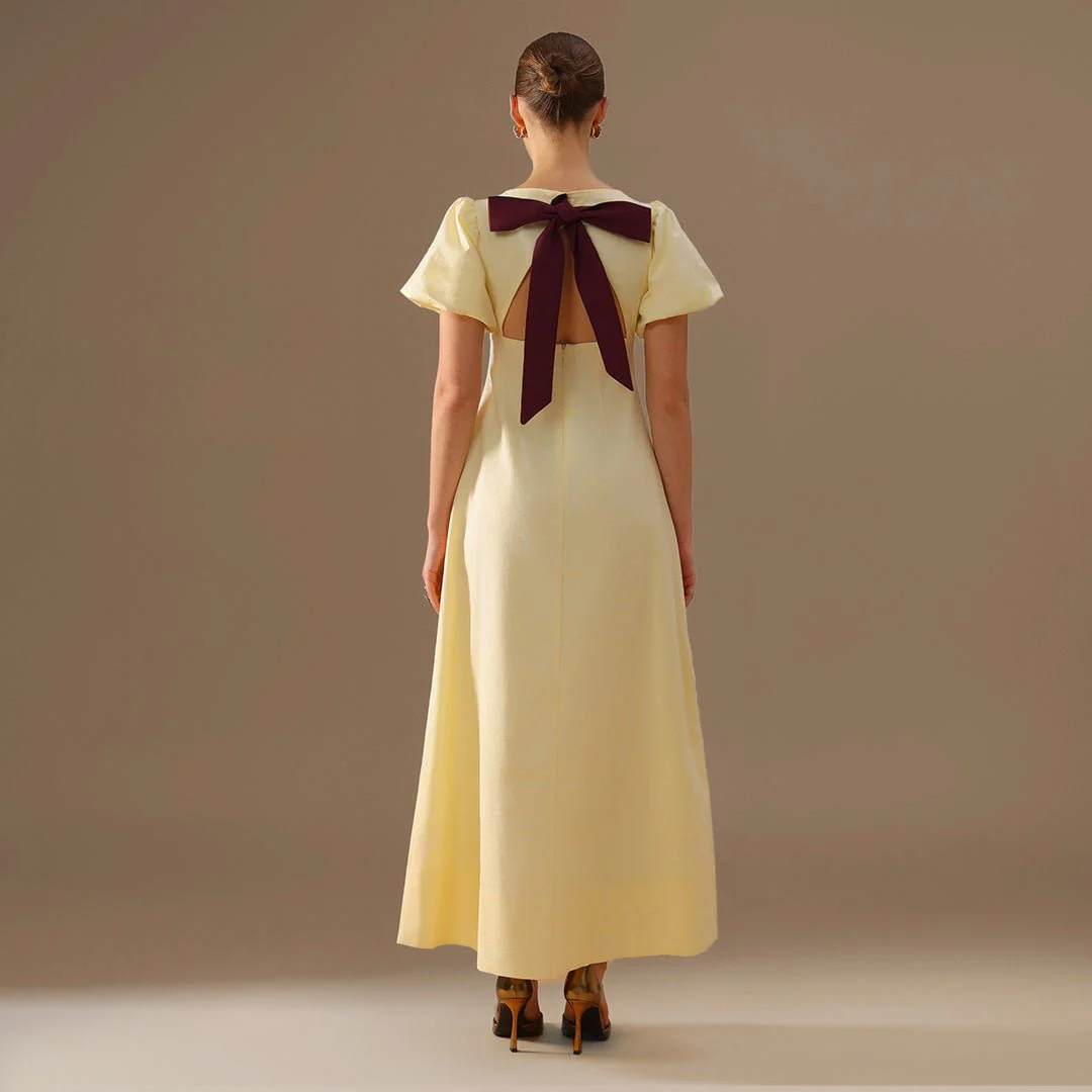 Light Yellow Boat Neck Back Bow Maxi Dress - Image 4