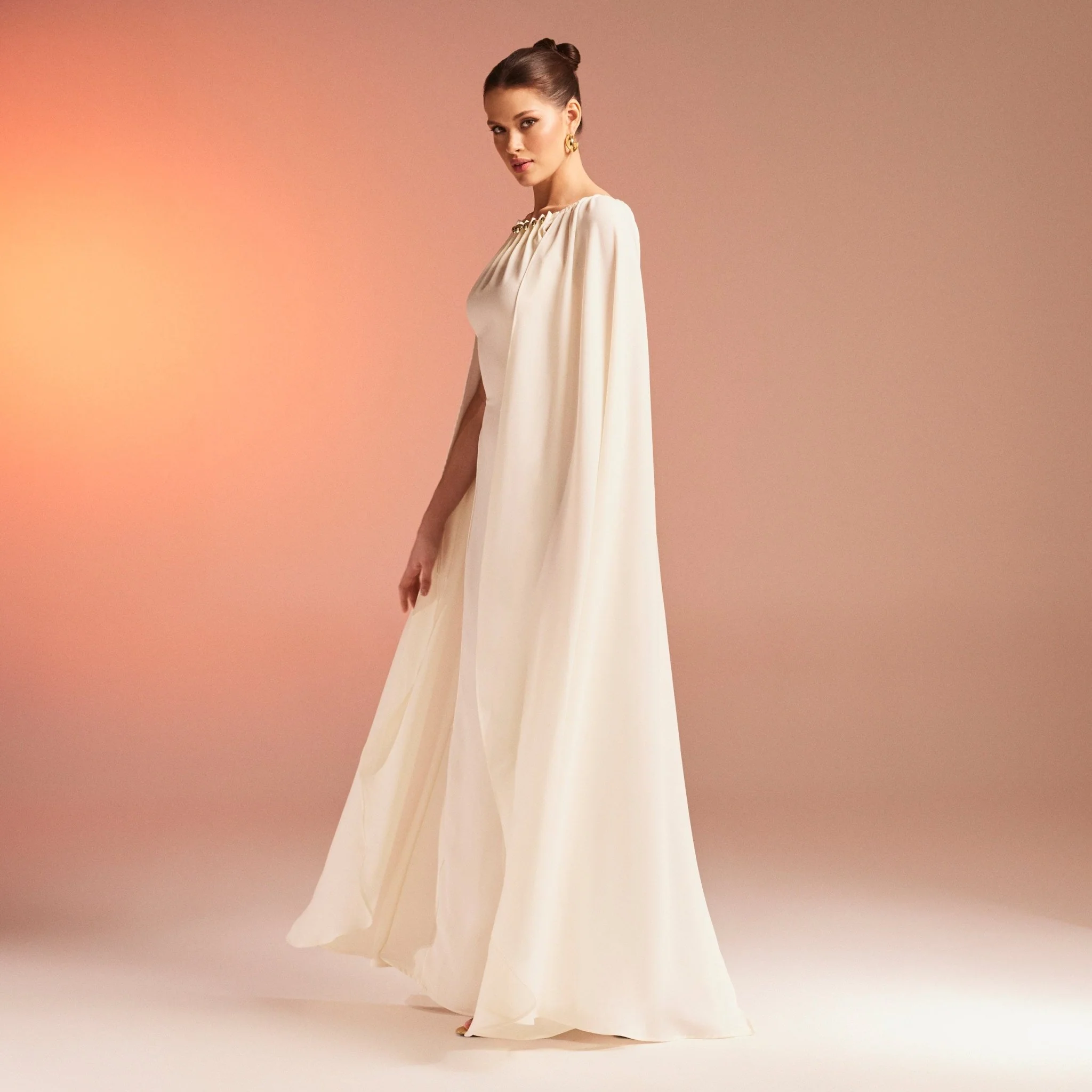 White Bodycon Crepe Dress With Cape Effect - Image 3