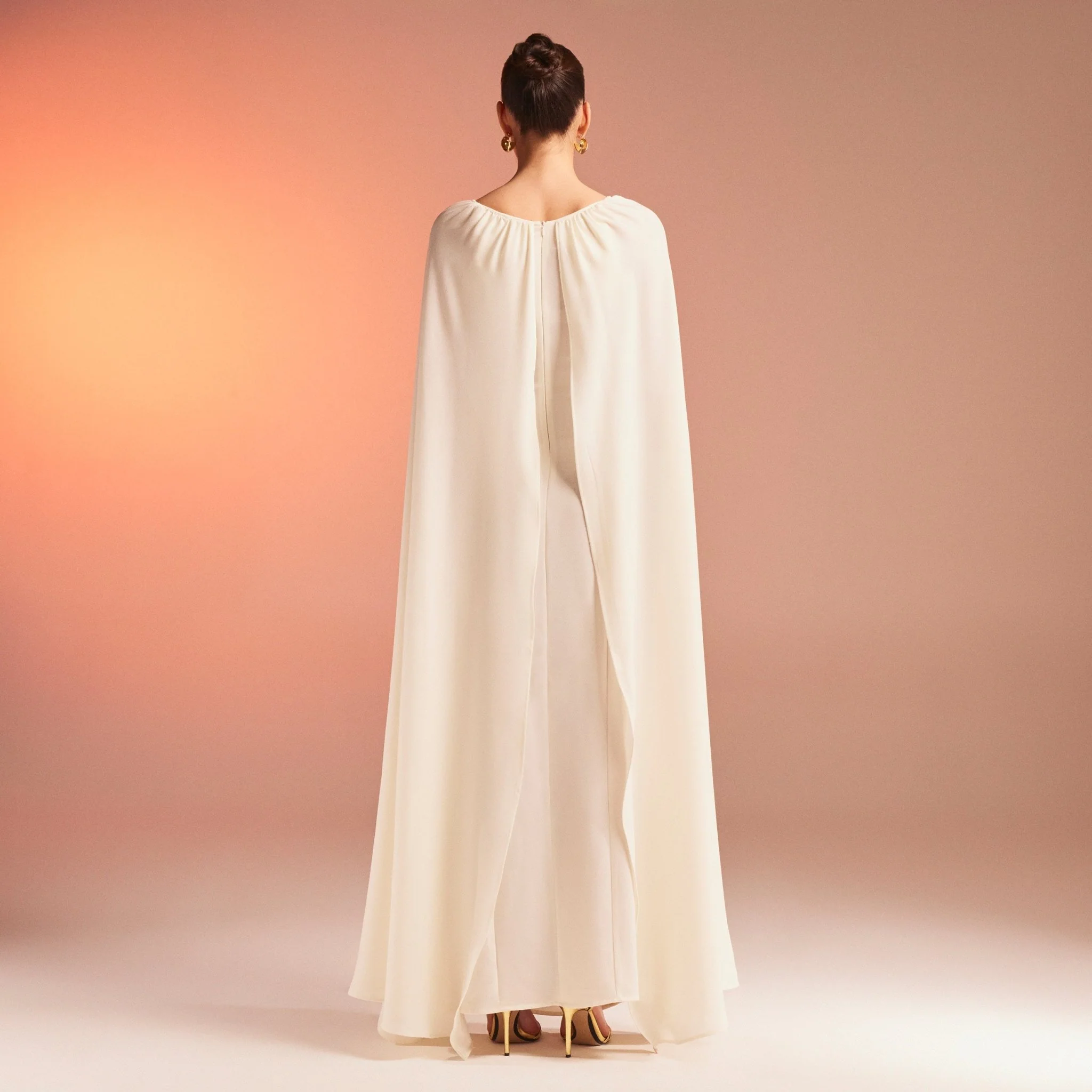 White Bodycon Crepe Dress With Cape Effect - Image 4