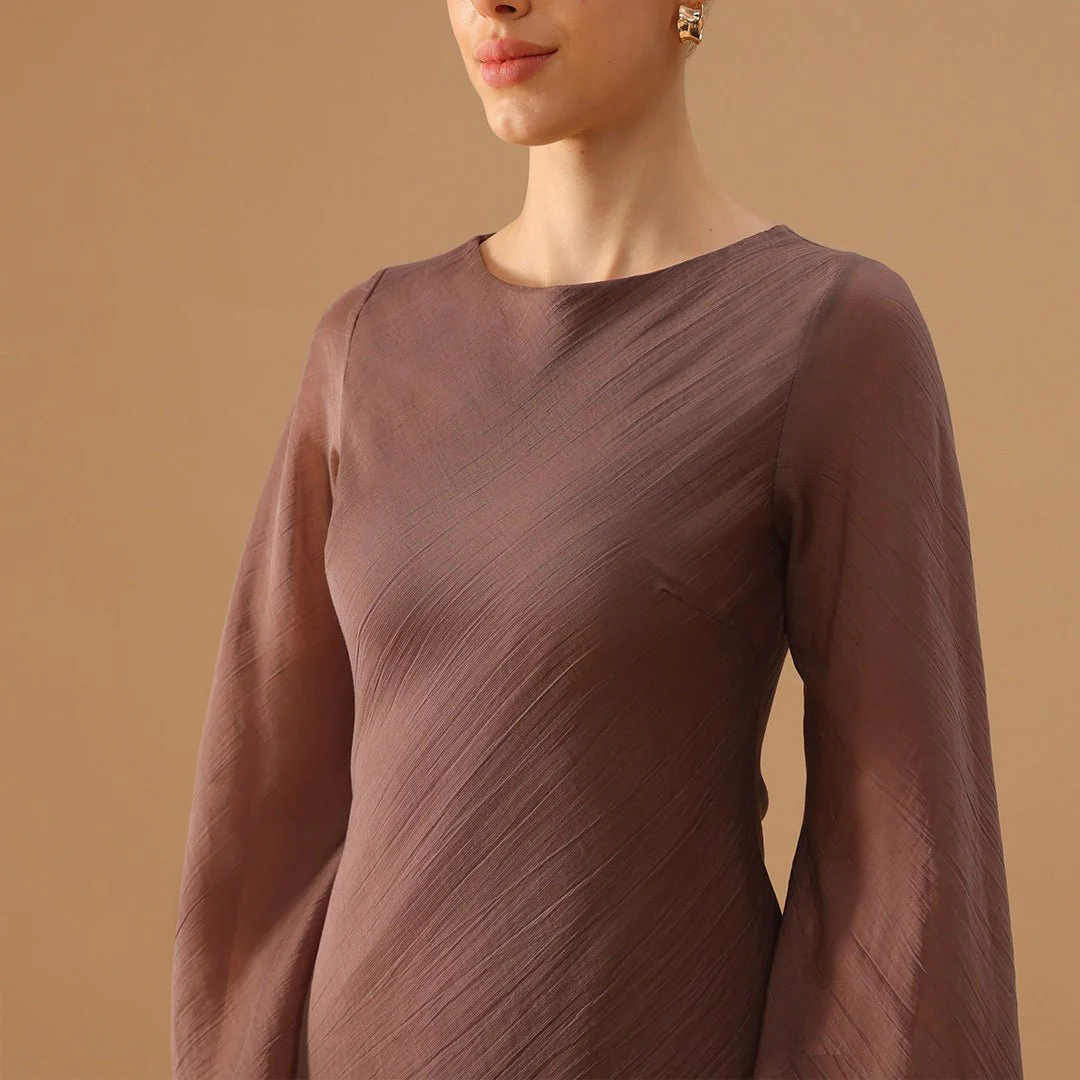 Brown Crepe Dress with Flared Long Sleeves - Image 3