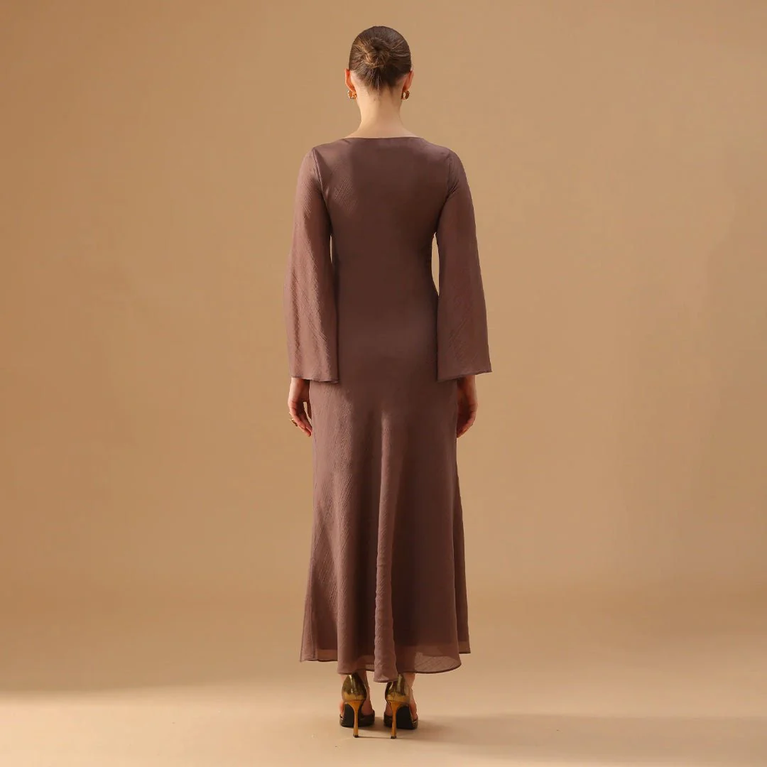 Brown Crepe Dress with Flared Long Sleeves - Image 4
