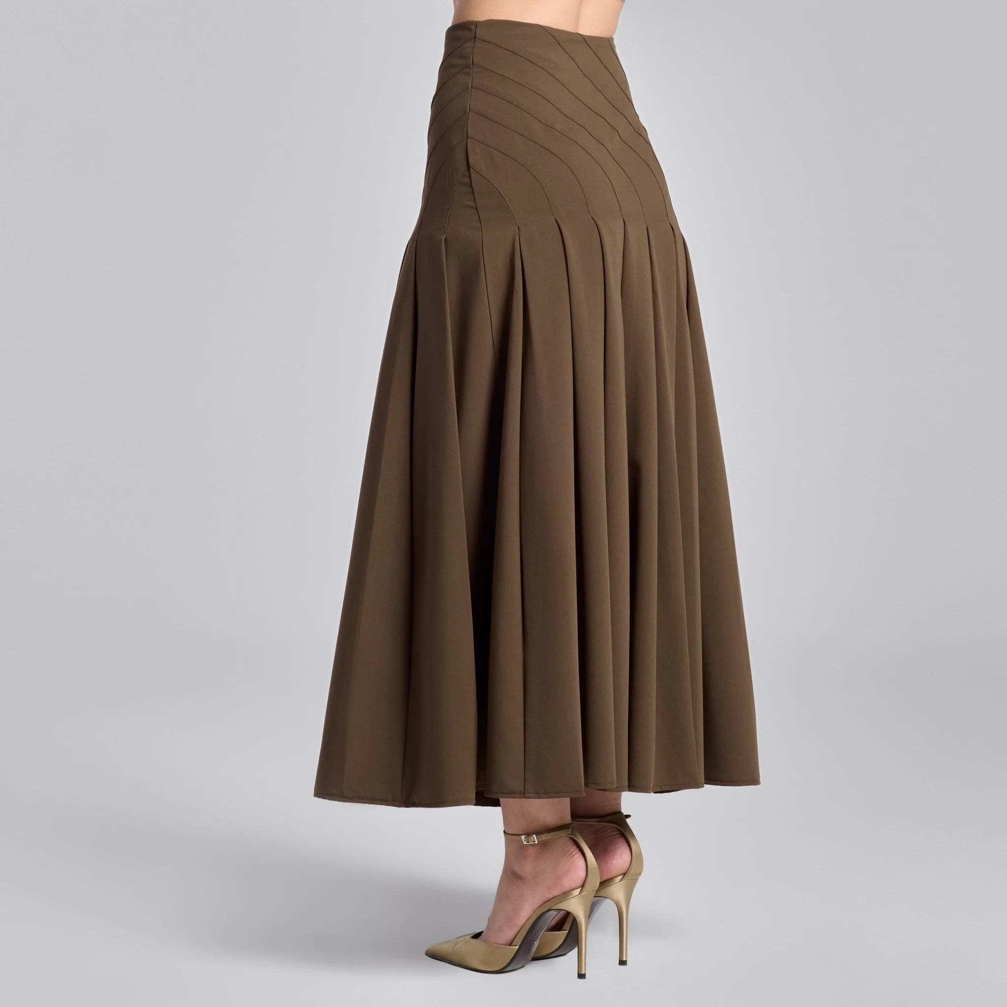 Brown Twill Pleated Maxi Skirt - Image 3