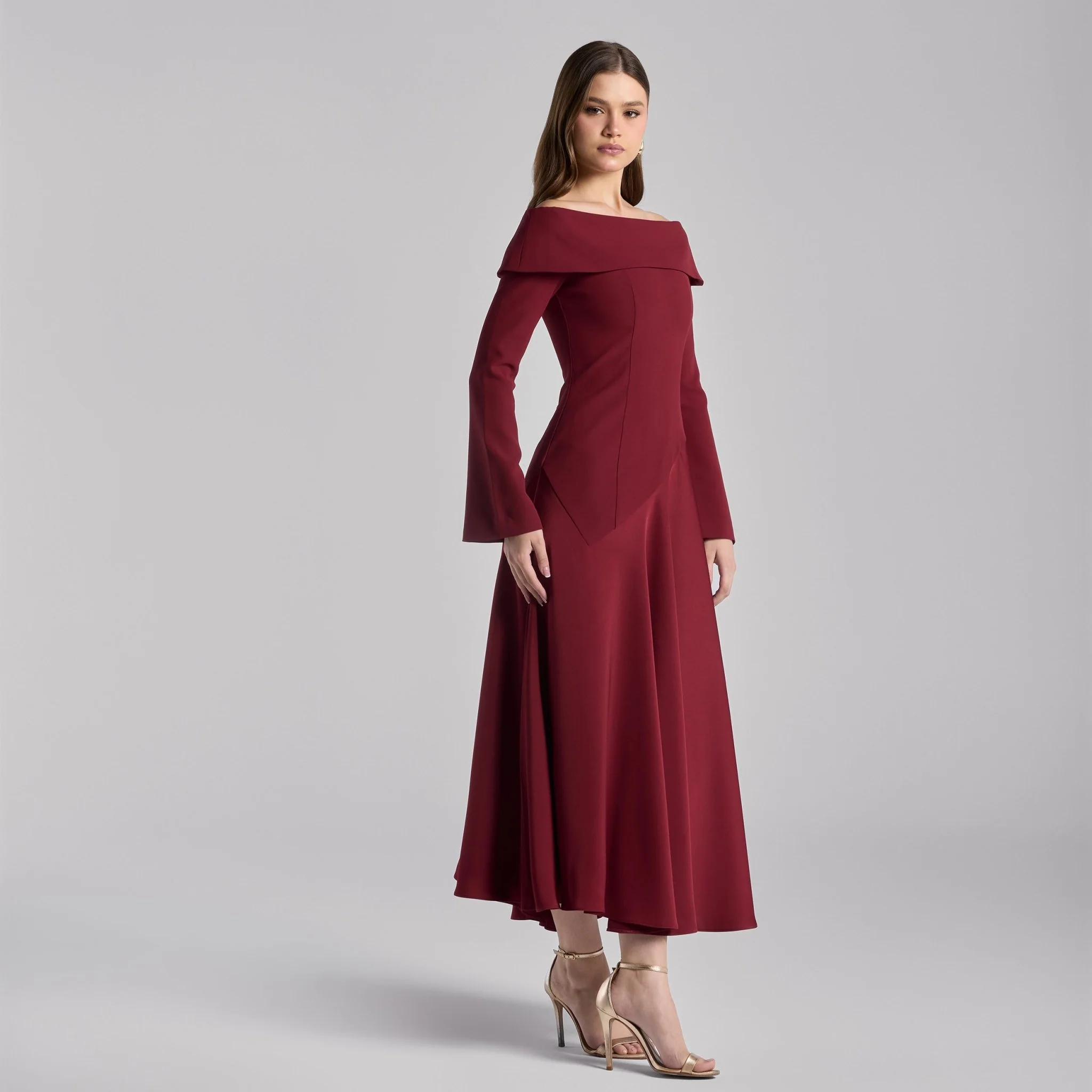 Burgundy Off-Shoulder Asymmetric Crepe Dress - Image 3