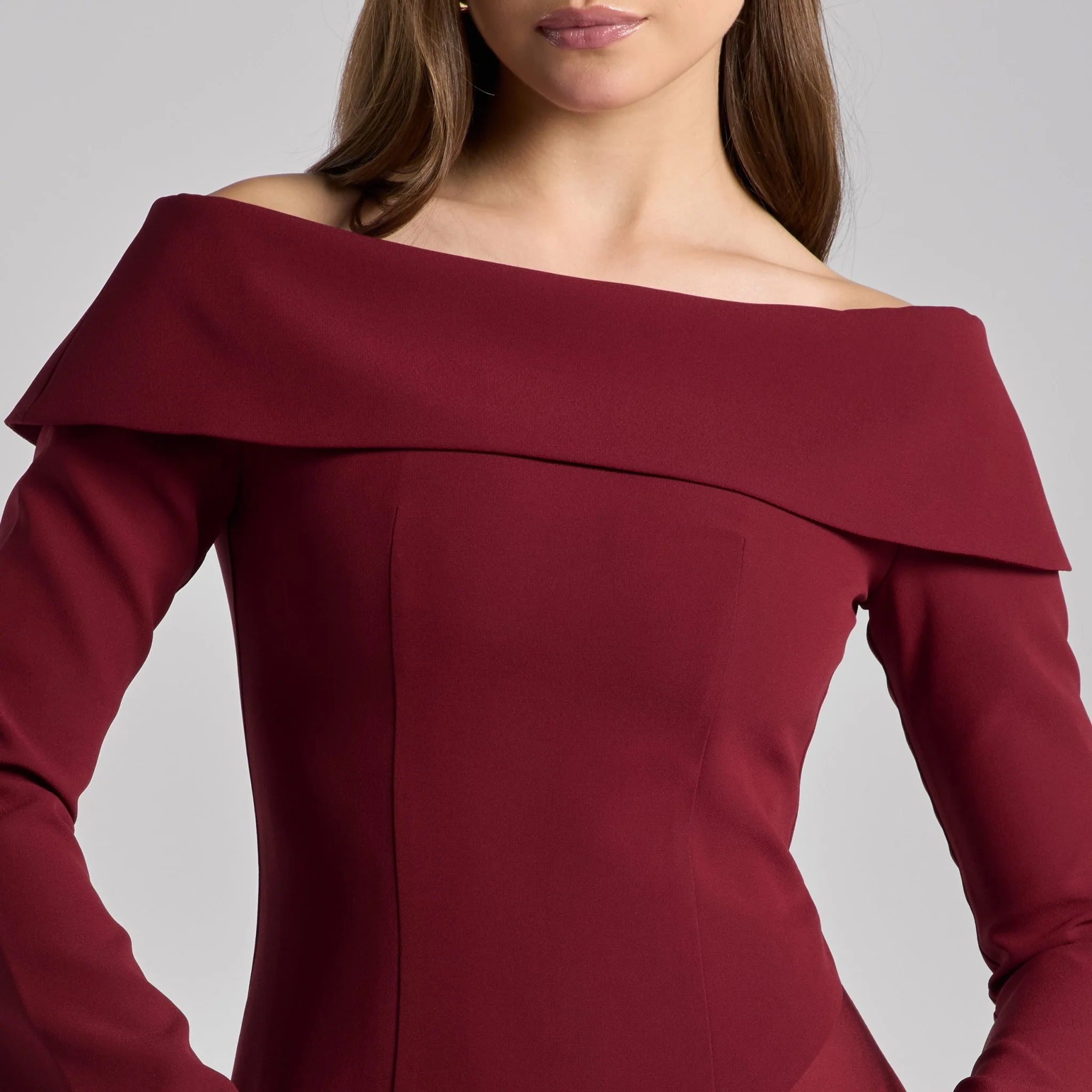 Burgundy Off-Shoulder Asymmetric Crepe Dress - Image 4