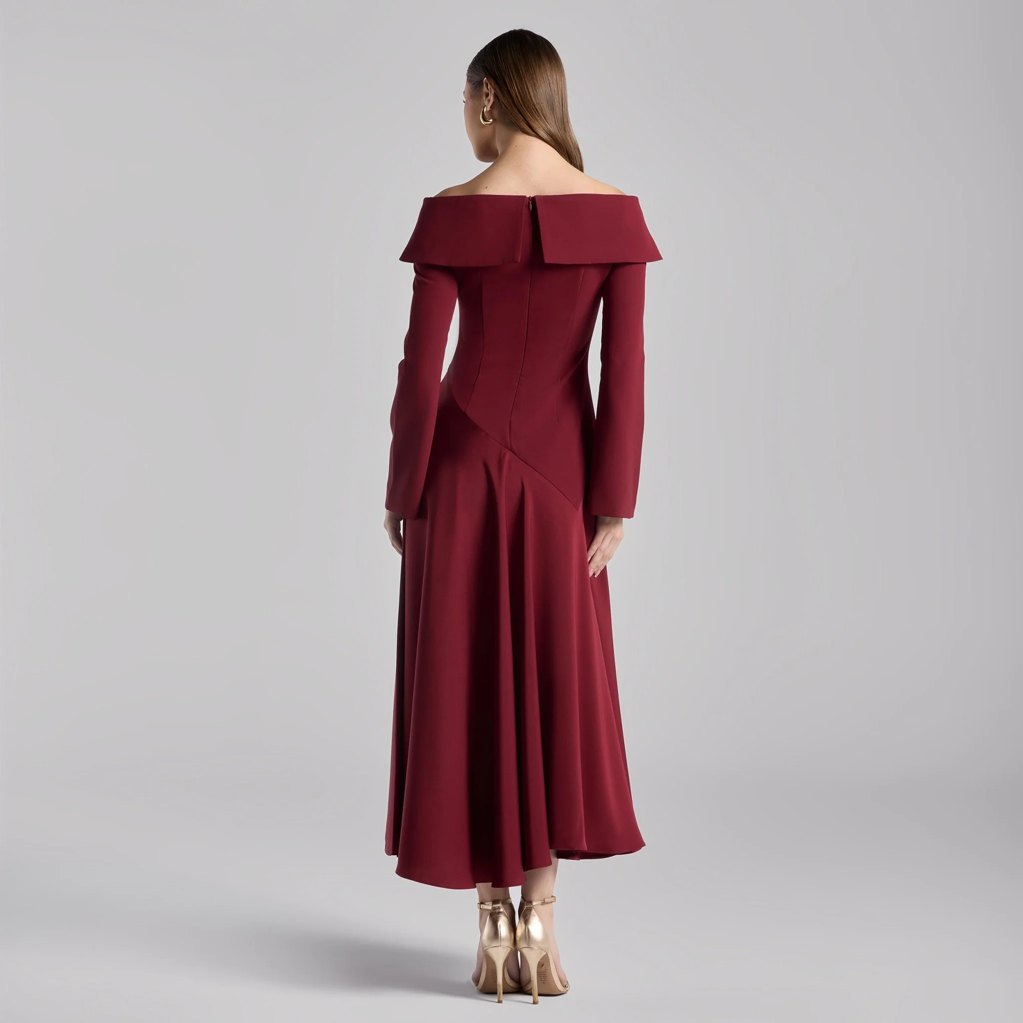 Burgundy Off-Shoulder Asymmetric Crepe Dress - Image 5