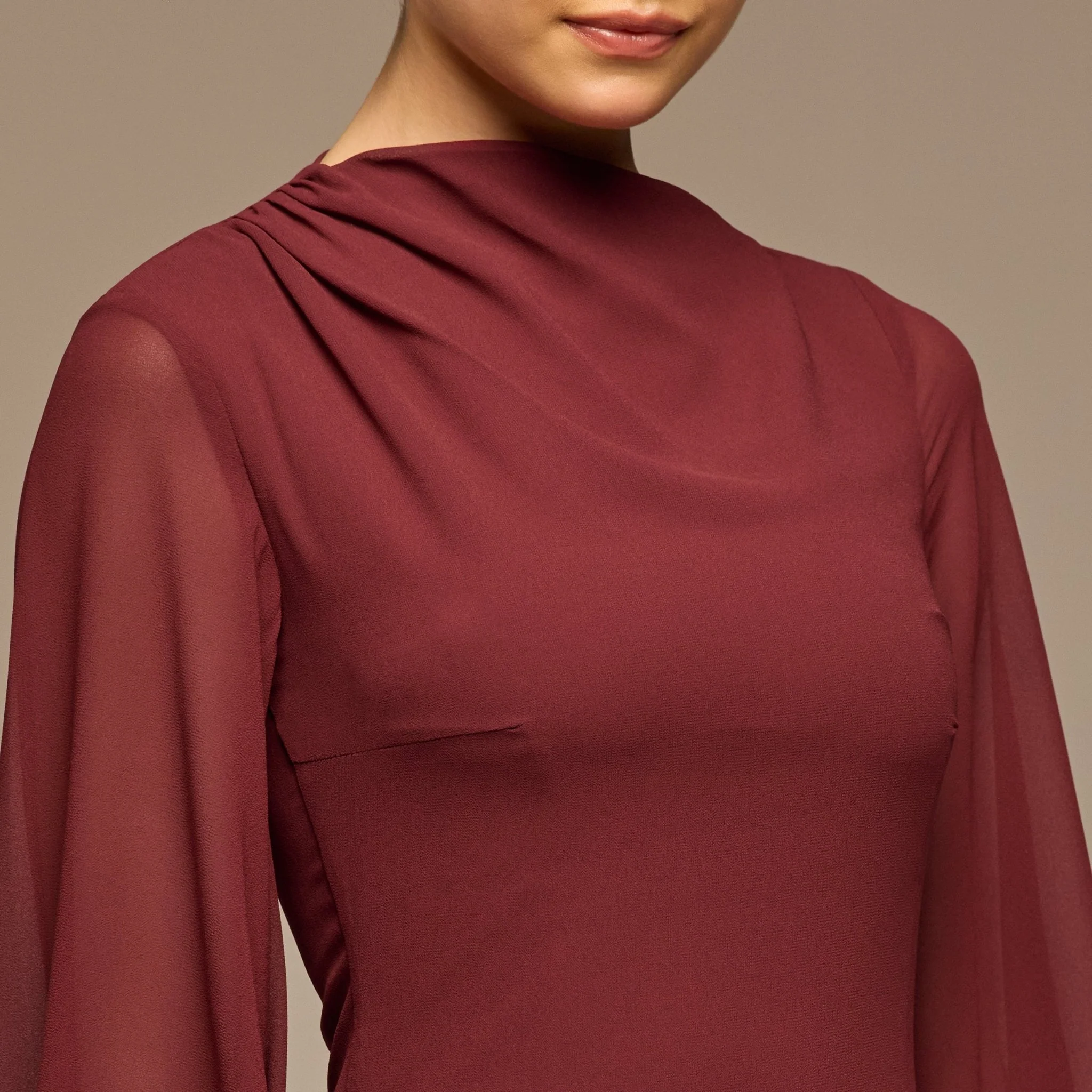 Burgundy Flared Sleeve Chiffon Maxi Dress - Image 3