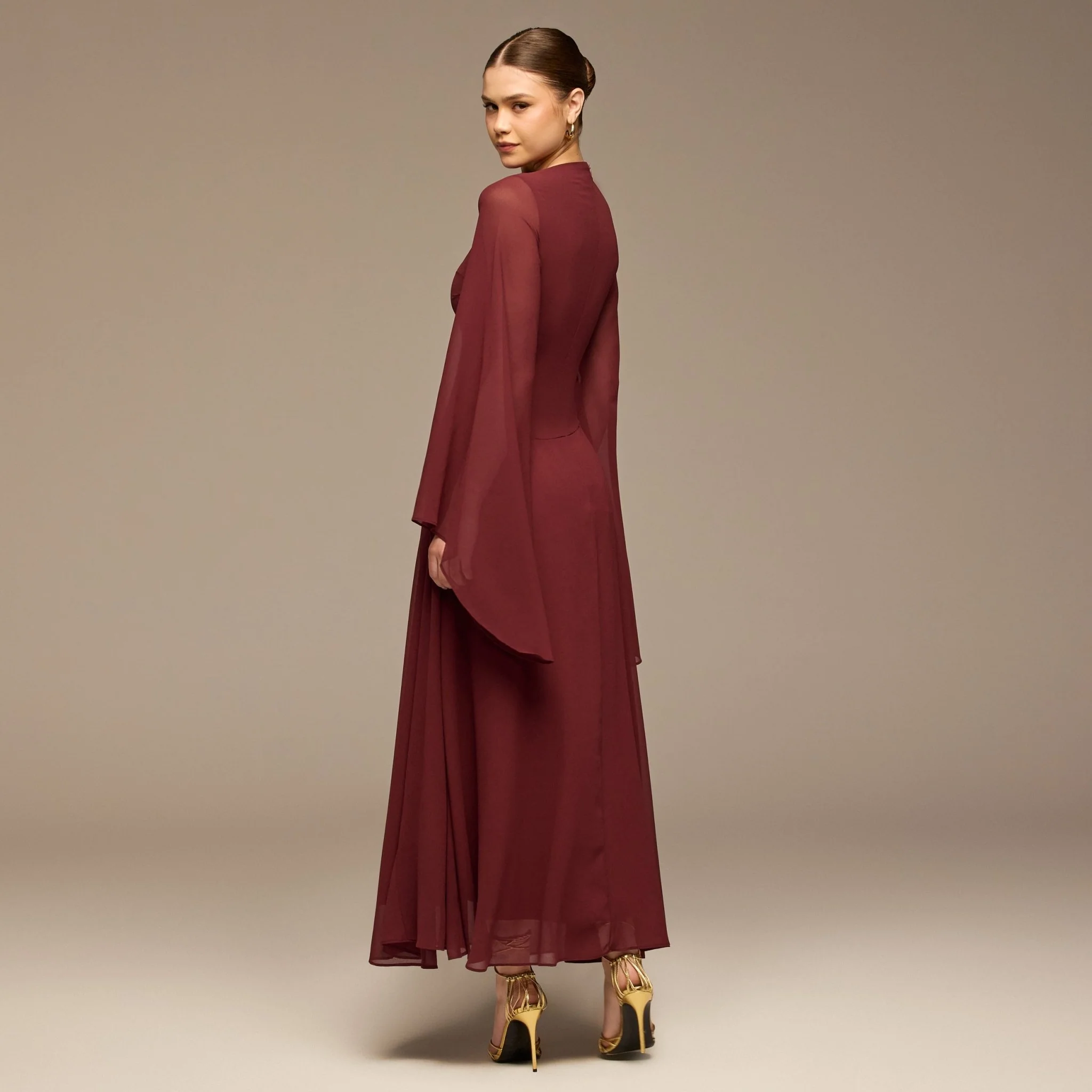 Burgundy Flared Sleeve Chiffon Maxi Dress - Image 4