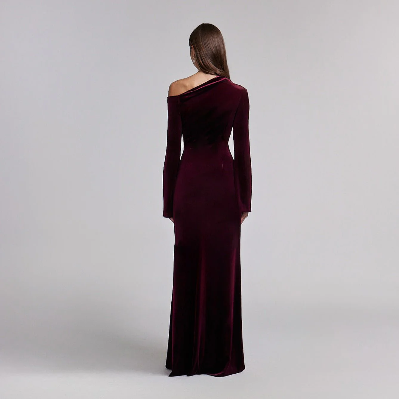 Burgundy Velvet Bare Shoulder Maxi Dress - Image 3