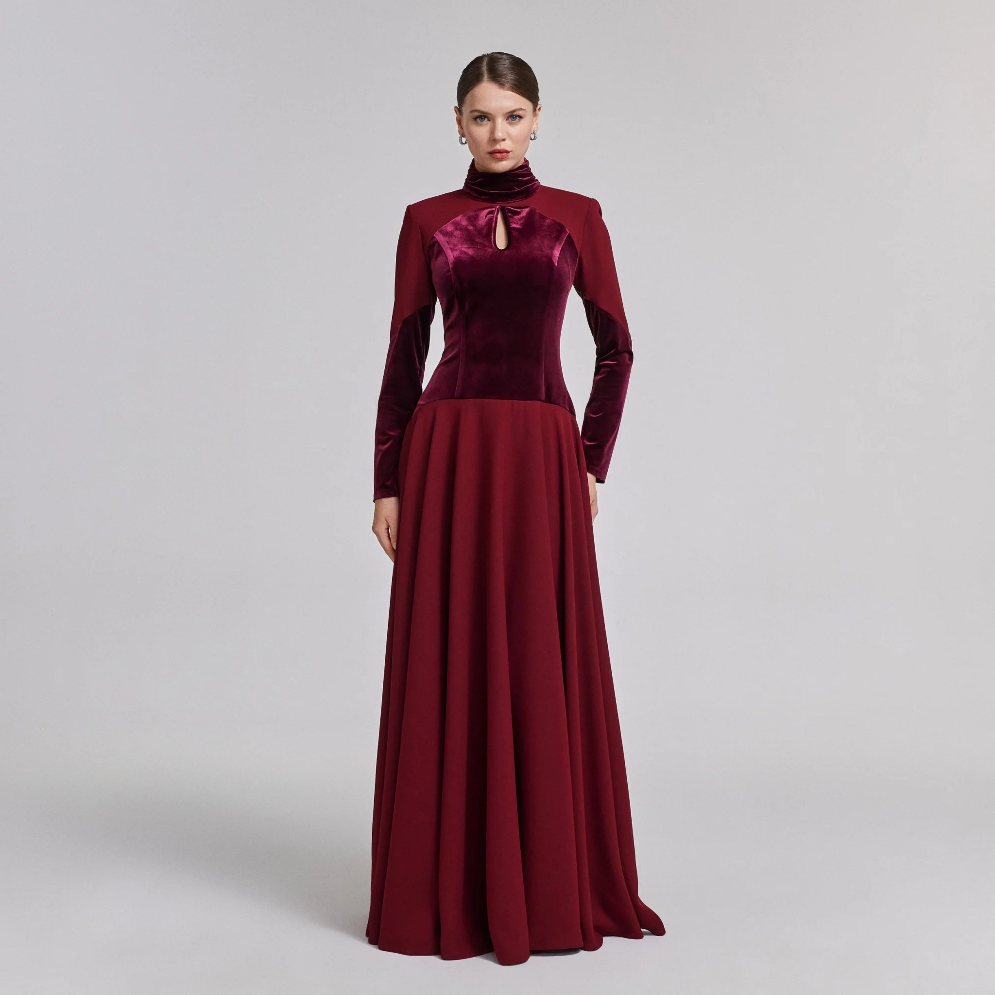 Burgundy Velvet-Crepe Maxi Dress with Pleated Skirt - Image 3