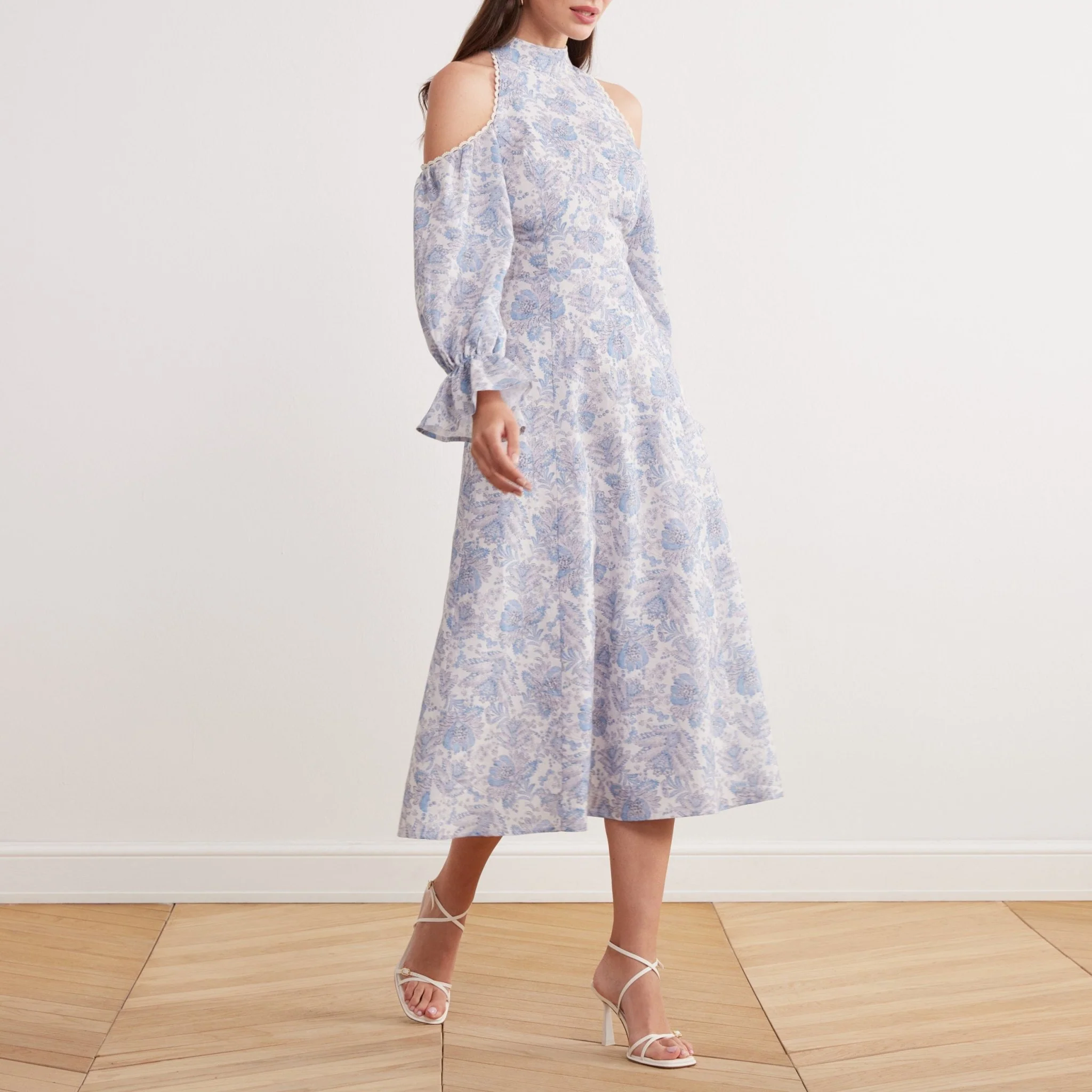 Printed Linen Cotton Blend Cold Shoulder Long Poet Sleeve Midi Dress - Image 3