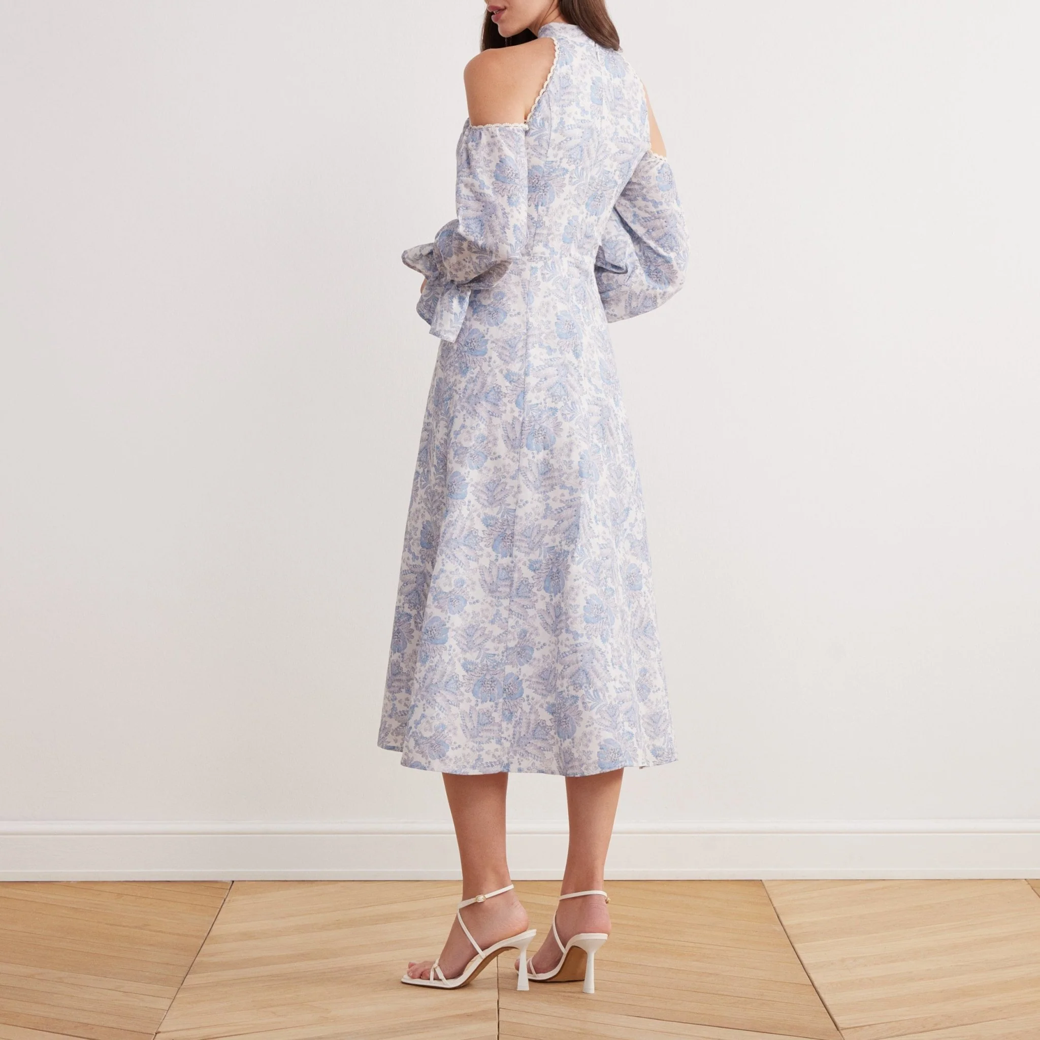 Printed Linen Cotton Blend Cold Shoulder Long Poet Sleeve Midi Dress - Image 4