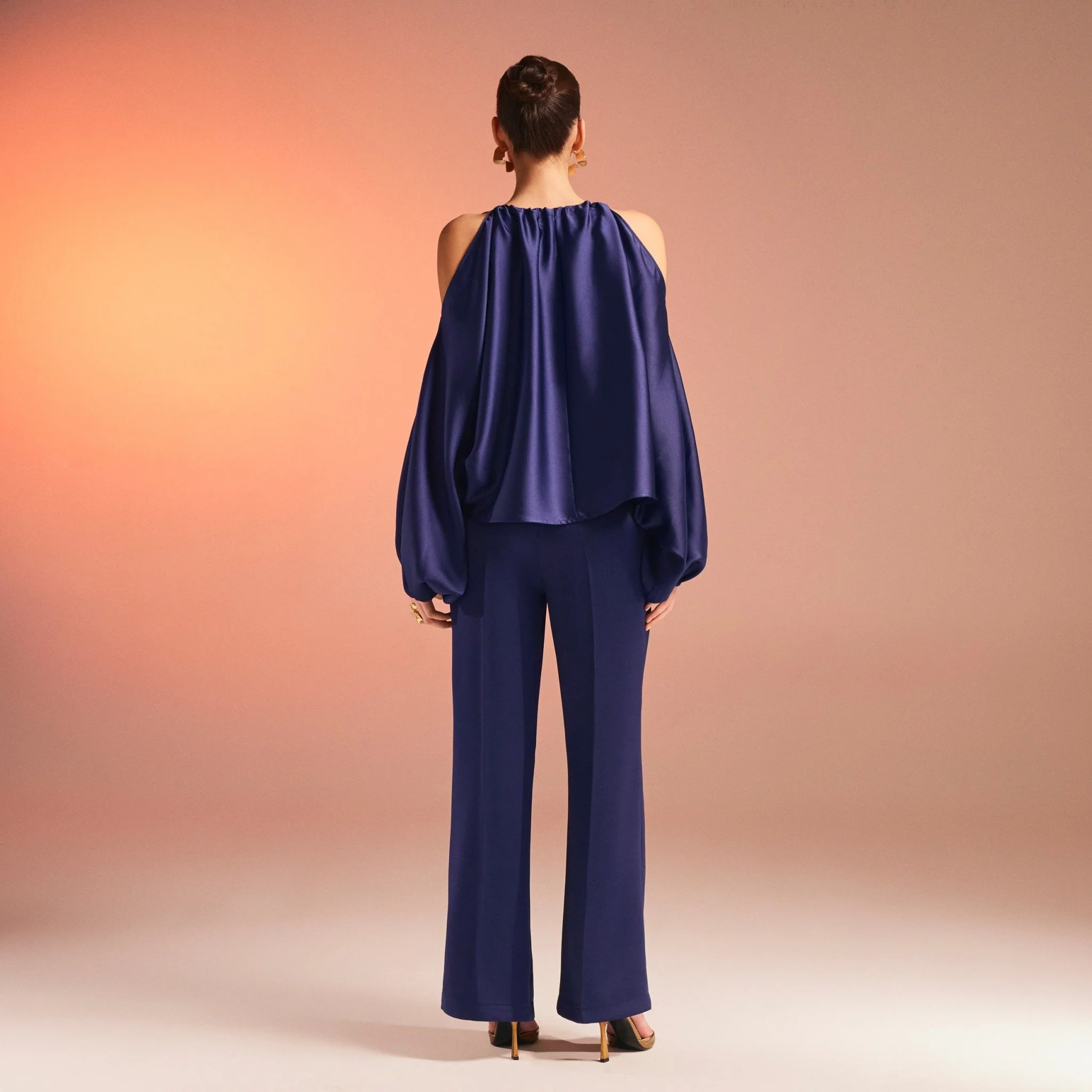 Dark Blue Cold Shoulder Satin Top - Image 3