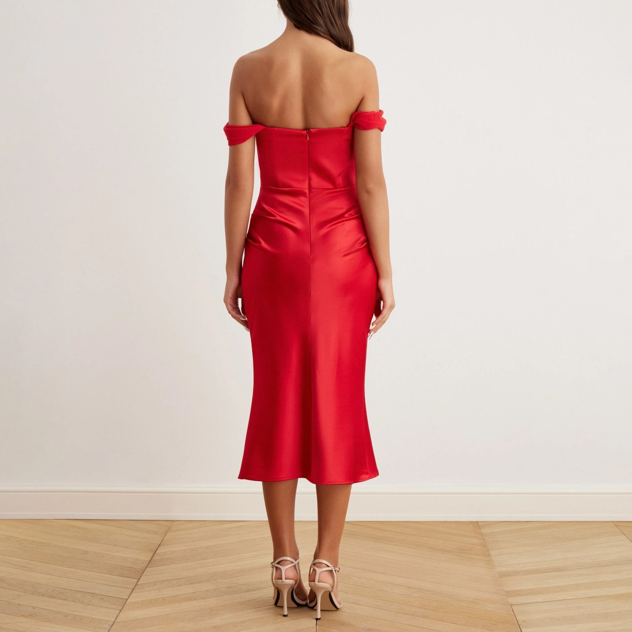 Satin Off-Shoulder Corset Midi Dress - Image 3