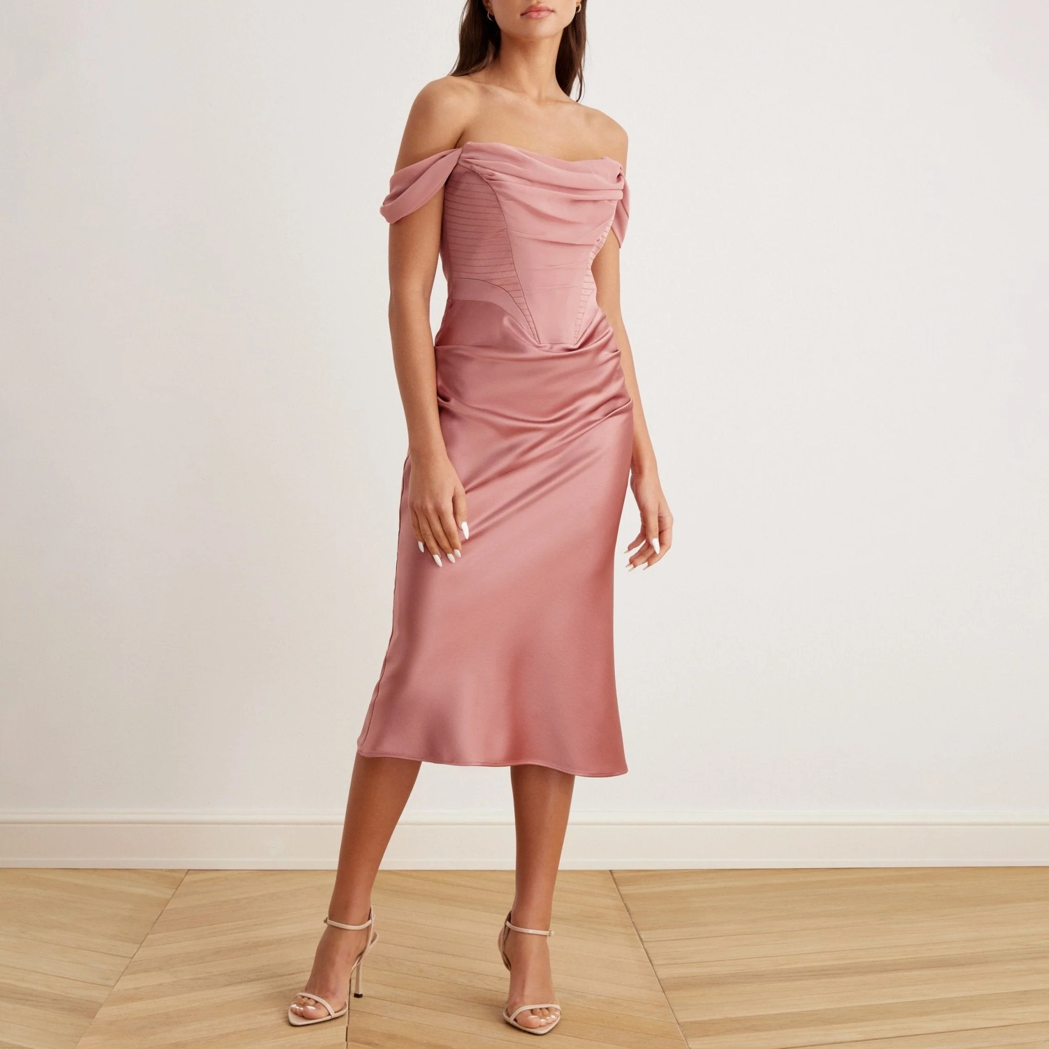 Satin Off-Shoulder Corset Midi Dress - Image 5