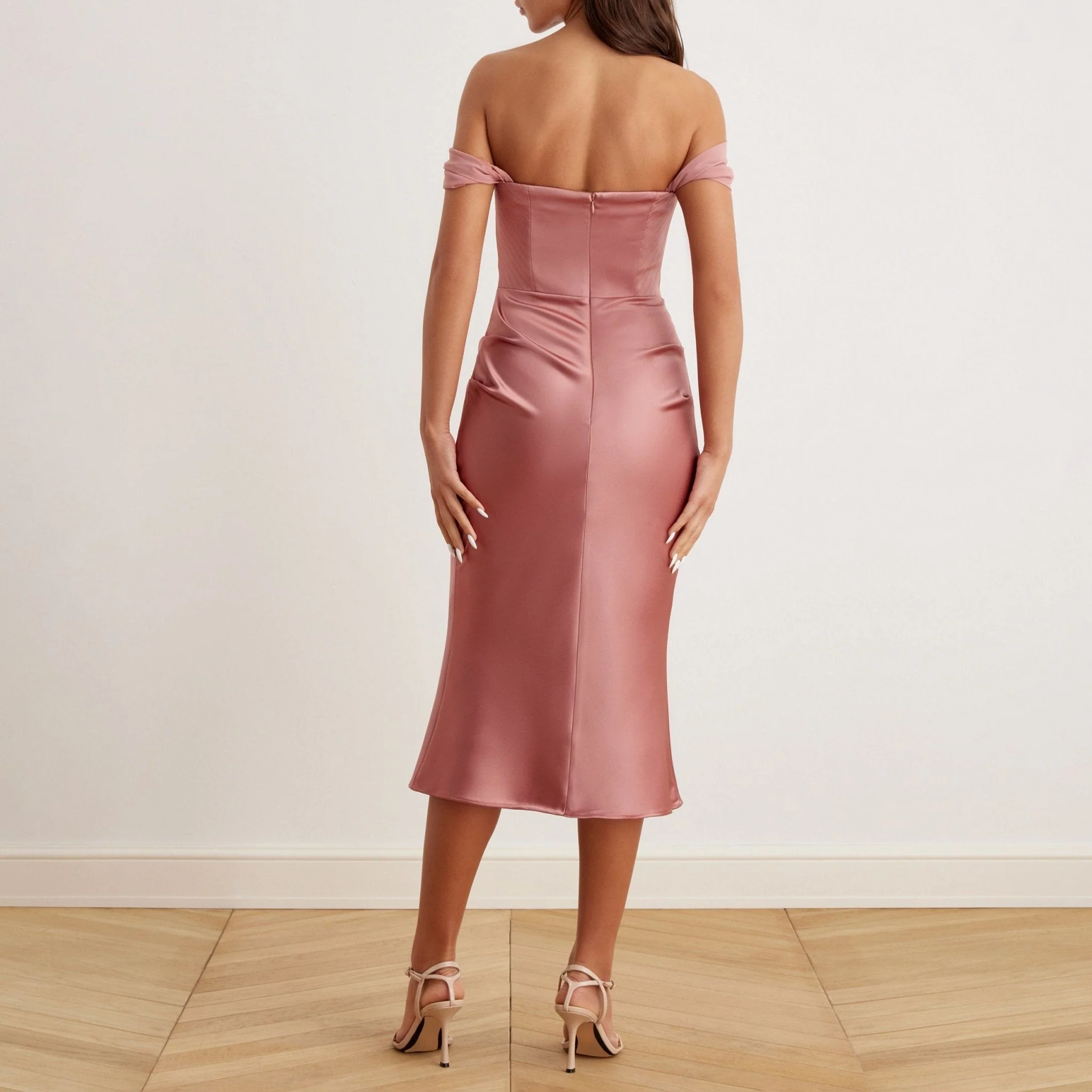 Satin Off-Shoulder Corset Midi Dress - Image 6