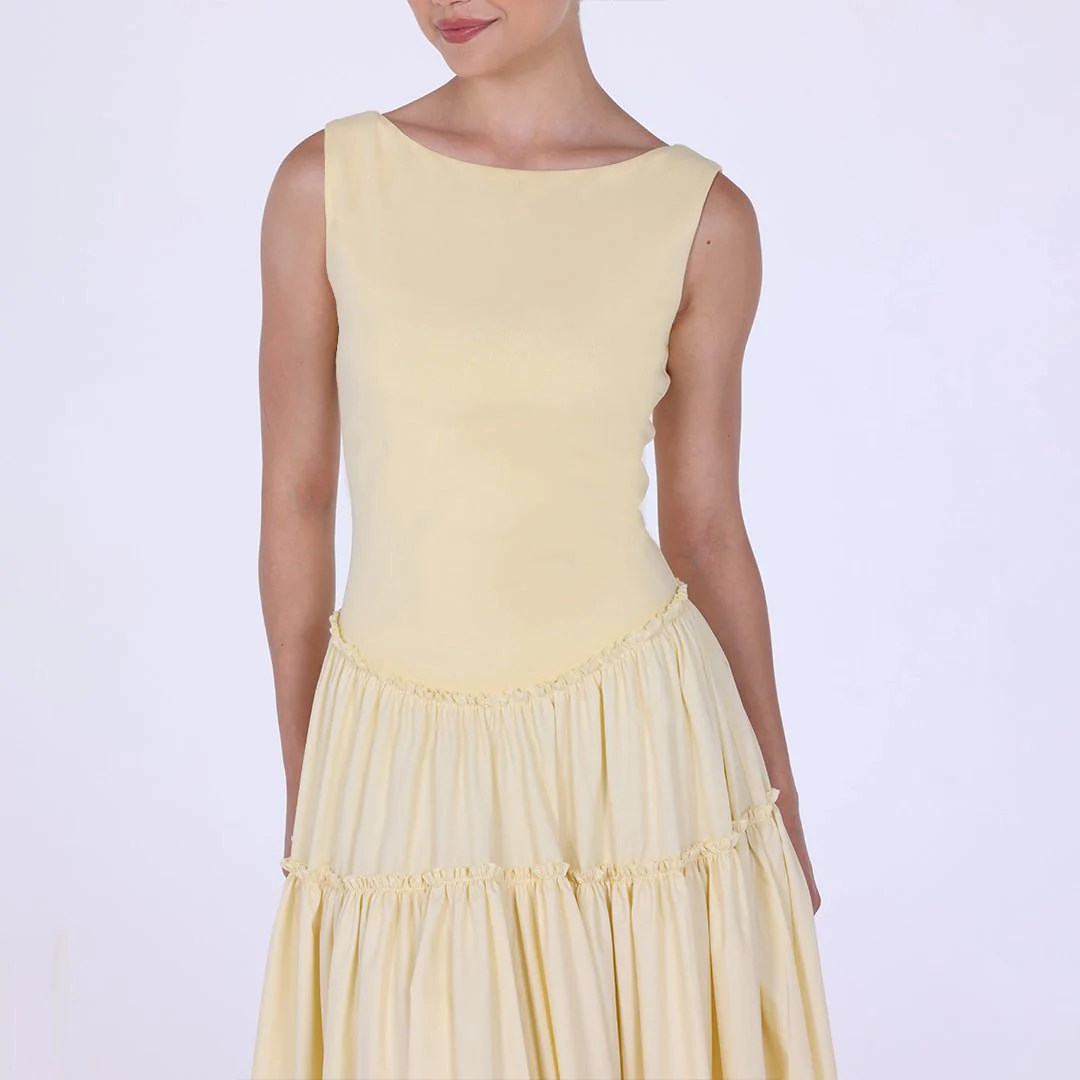 Yellow Cotton Drop Waist Midi Dress with Crinkled Linen Skirt - Image 3