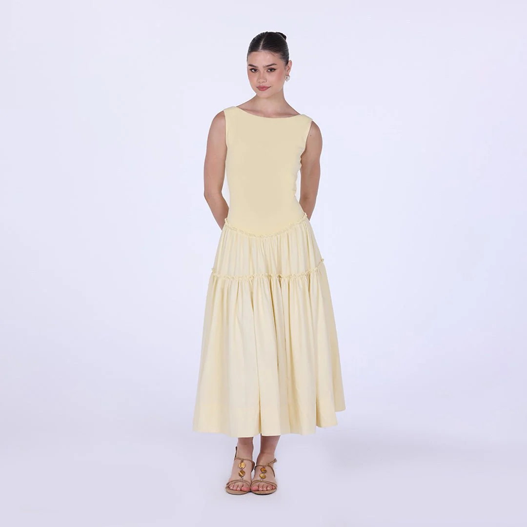 Yellow Cotton Drop Waist Midi Dress with Crinkled Linen Skirt - Image 4