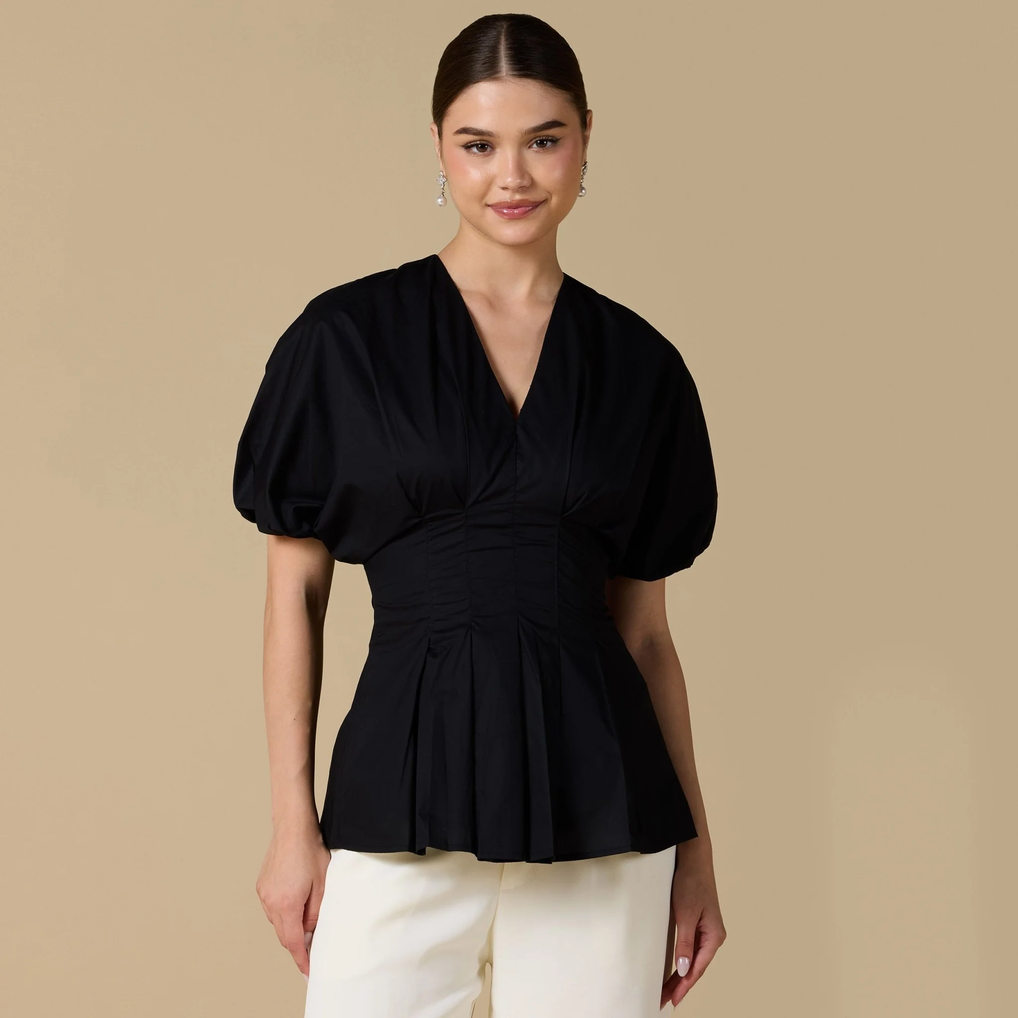 Cotton V-Neck Pleated Top with Short Sleeves - Image 10