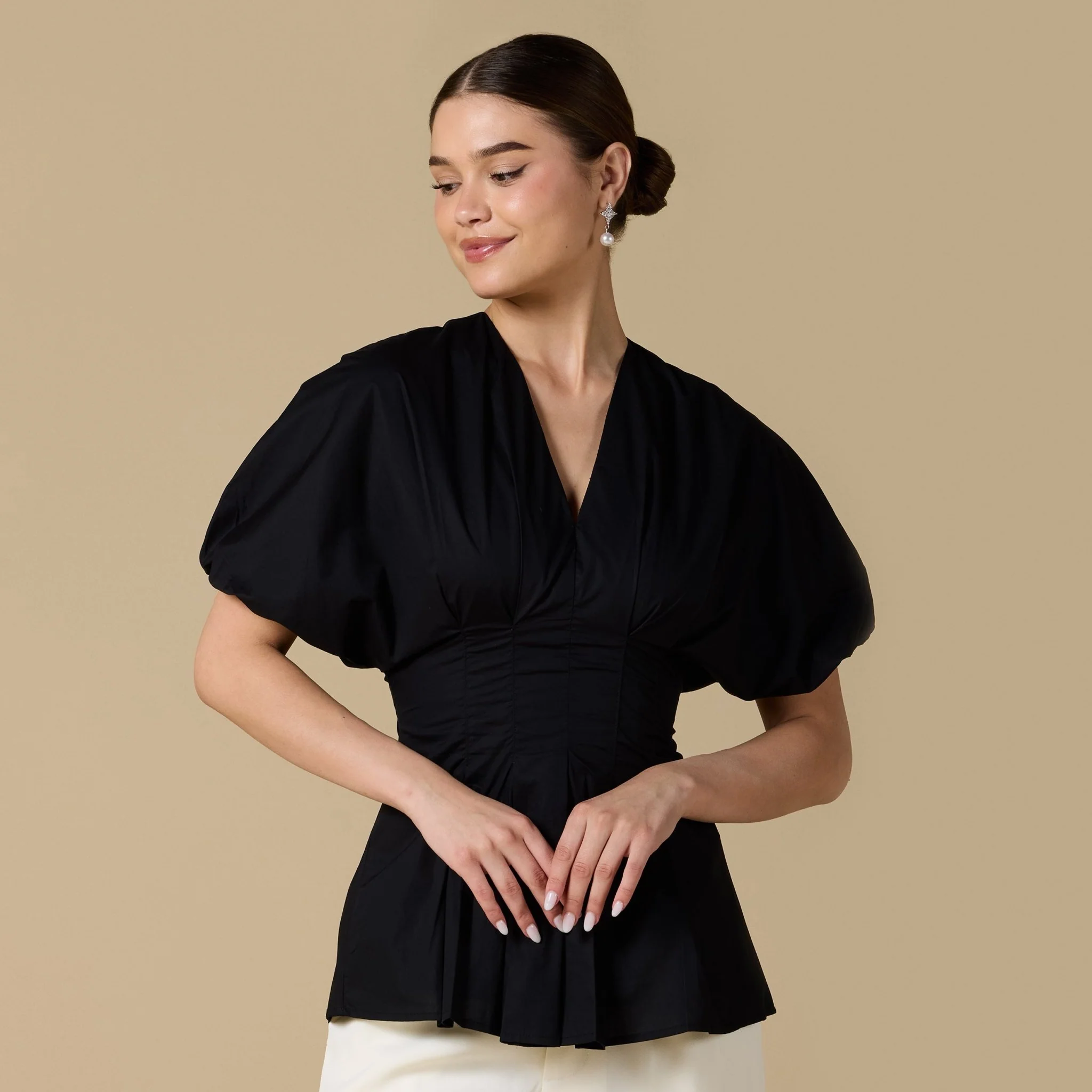 Cotton V-Neck Pleated Top with Short Sleeves - Image 11