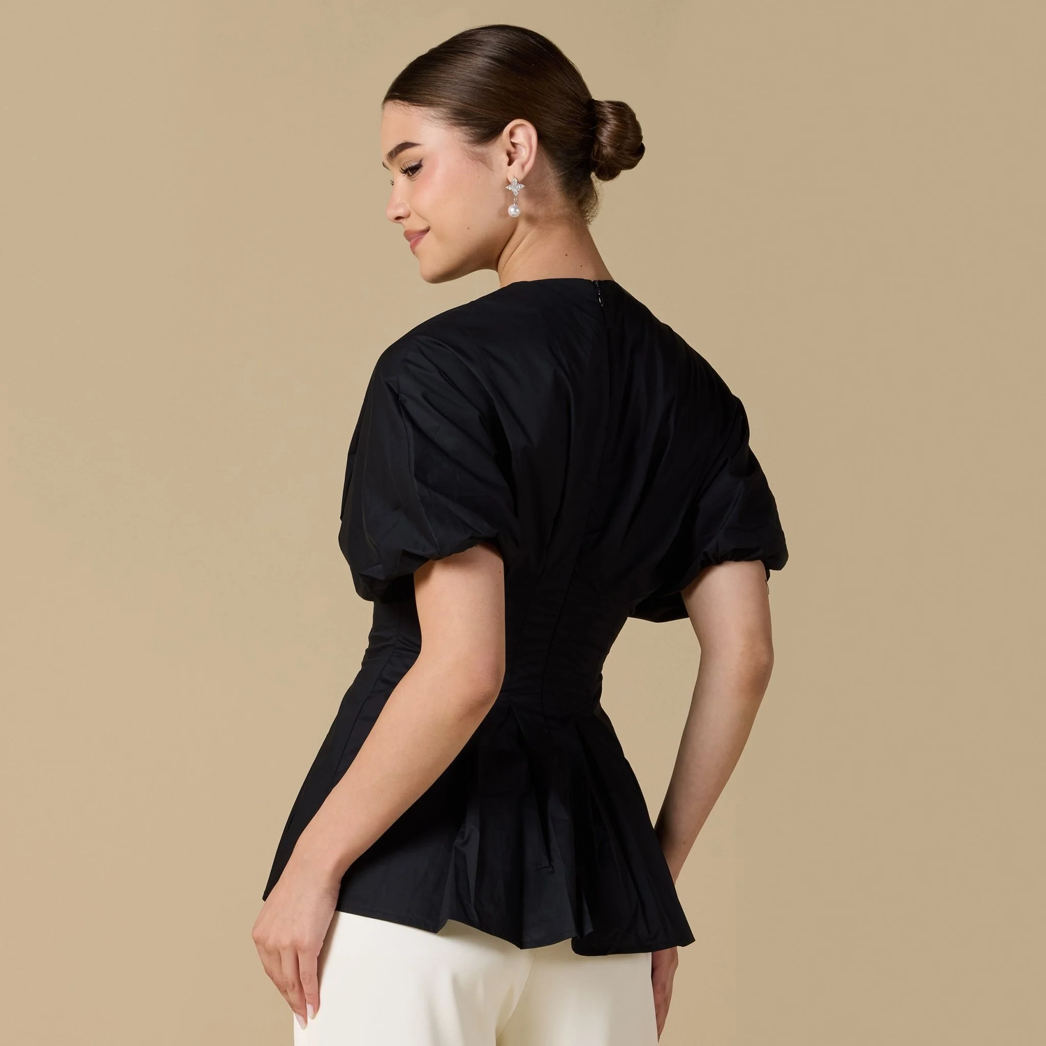 Cotton V-Neck Pleated Top with Short Sleeves - Image 12