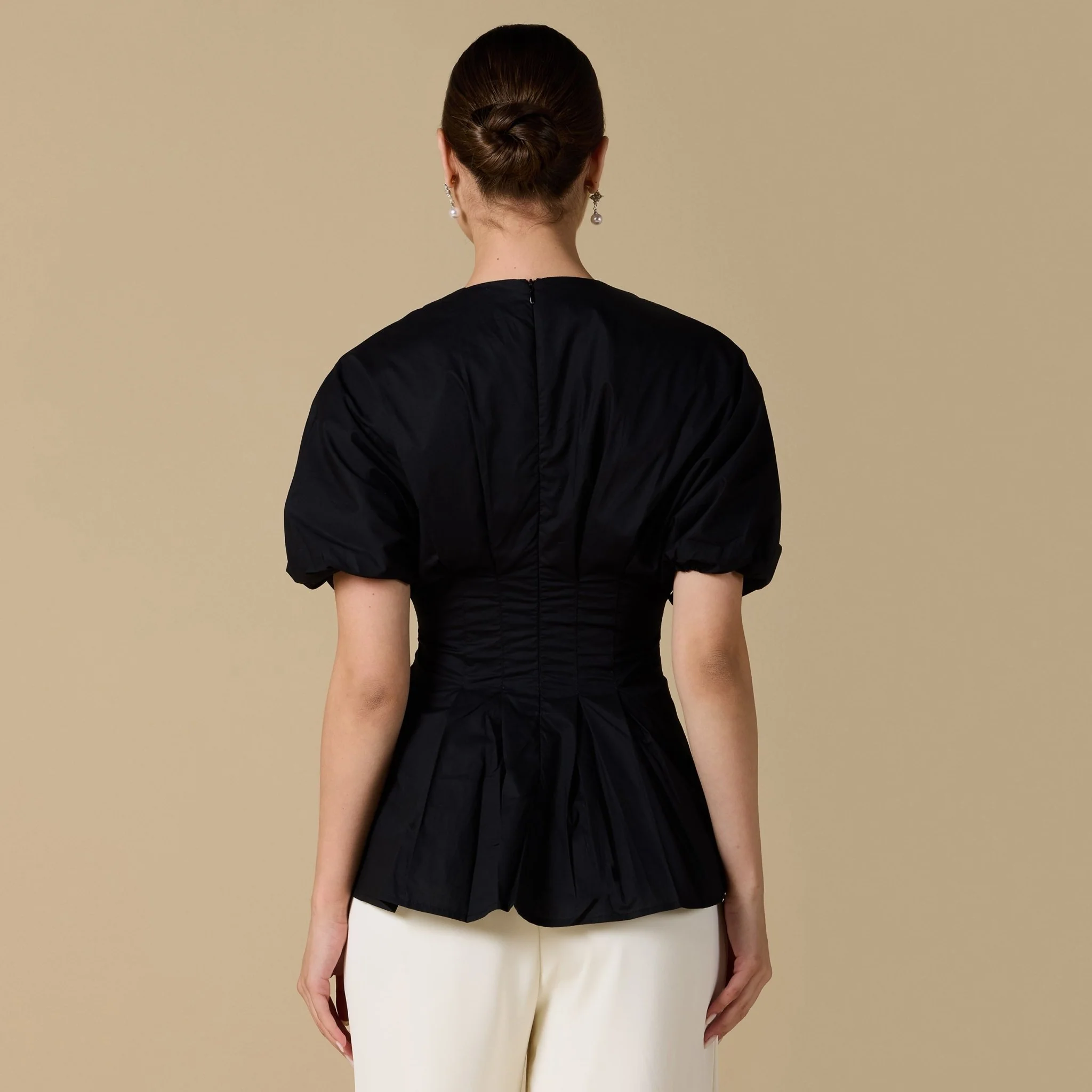 Cotton V-Neck Pleated Top with Short Sleeves - Image 13