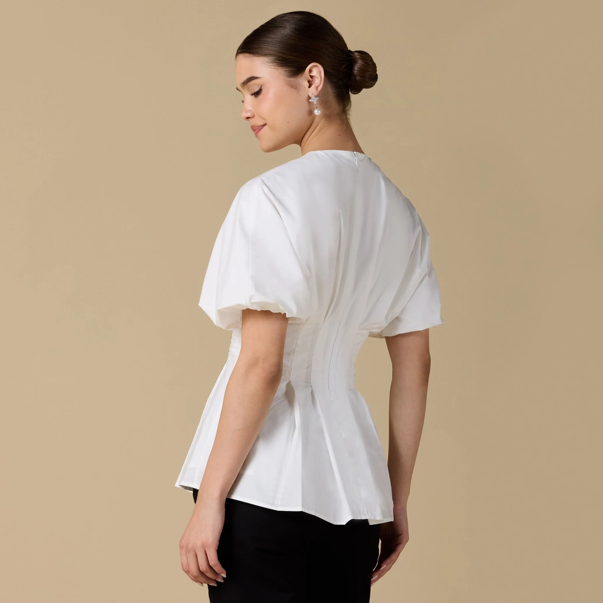 Cotton V-Neck Pleated Top with Short Sleeves - Image 3