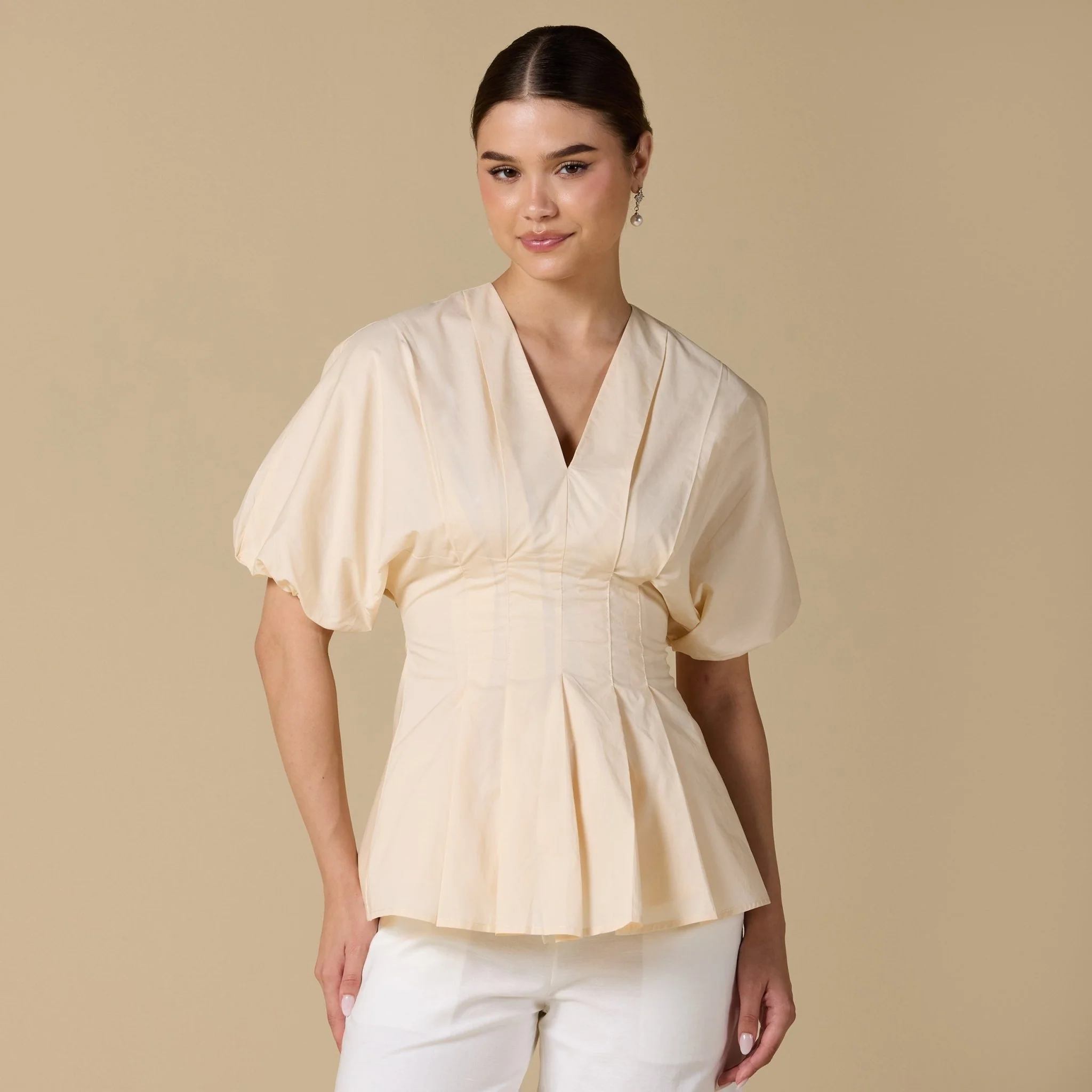 Cotton V-Neck Pleated Top with Short Sleeves - Image 4