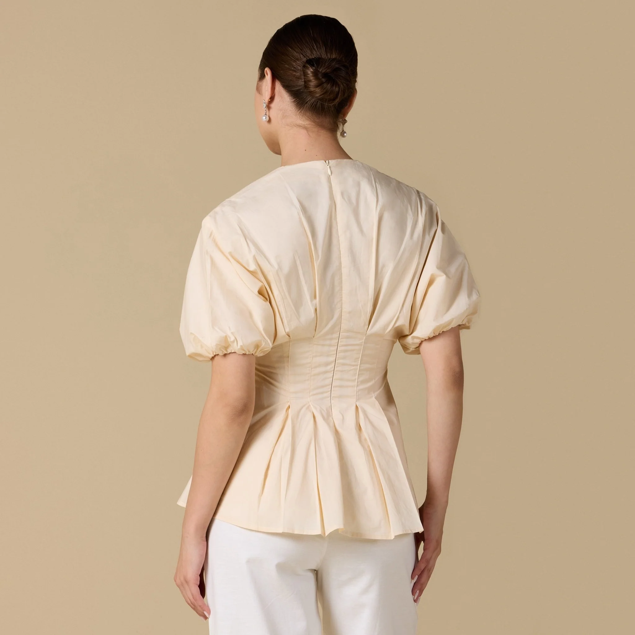 Cotton V-Neck Pleated Top with Short Sleeves - Image 5