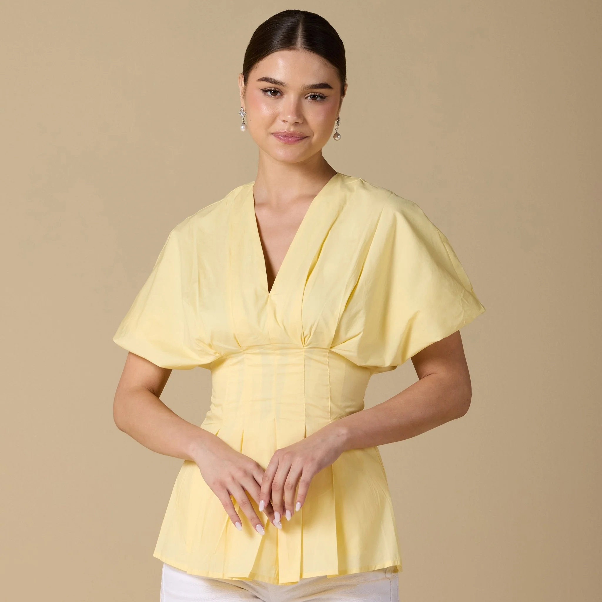 Cotton V-Neck Pleated Top with Short Sleeves - Image 6