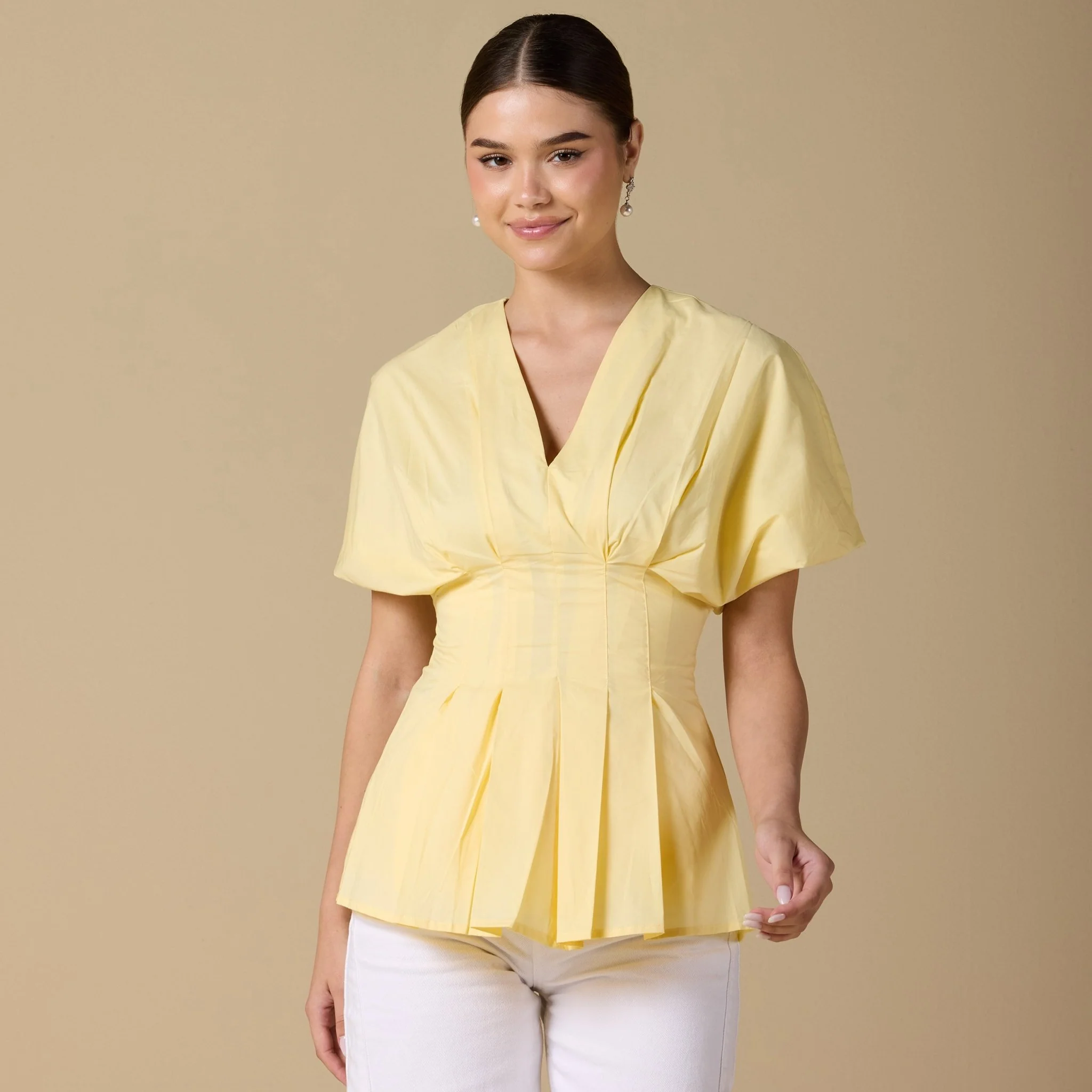 Cotton V-Neck Pleated Top with Short Sleeves - Image 7