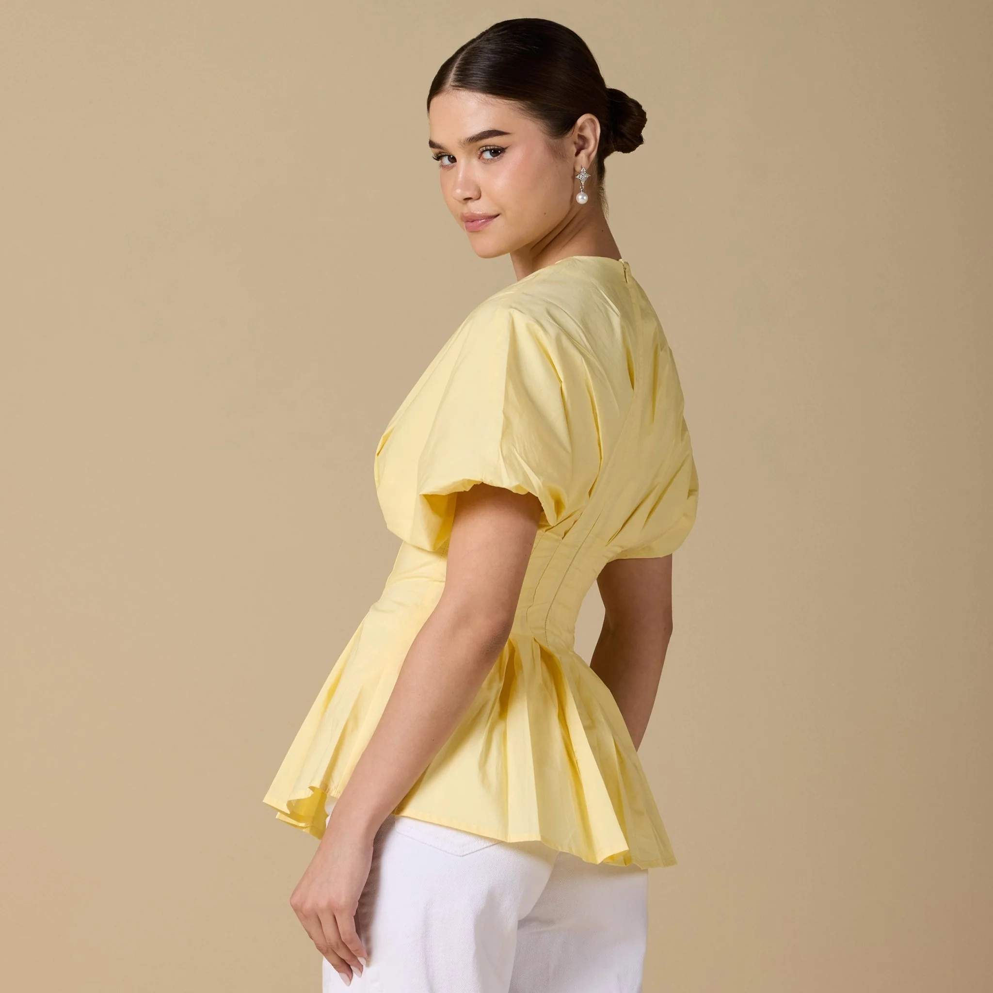 Cotton V-Neck Pleated Top with Short Sleeves - Image 8