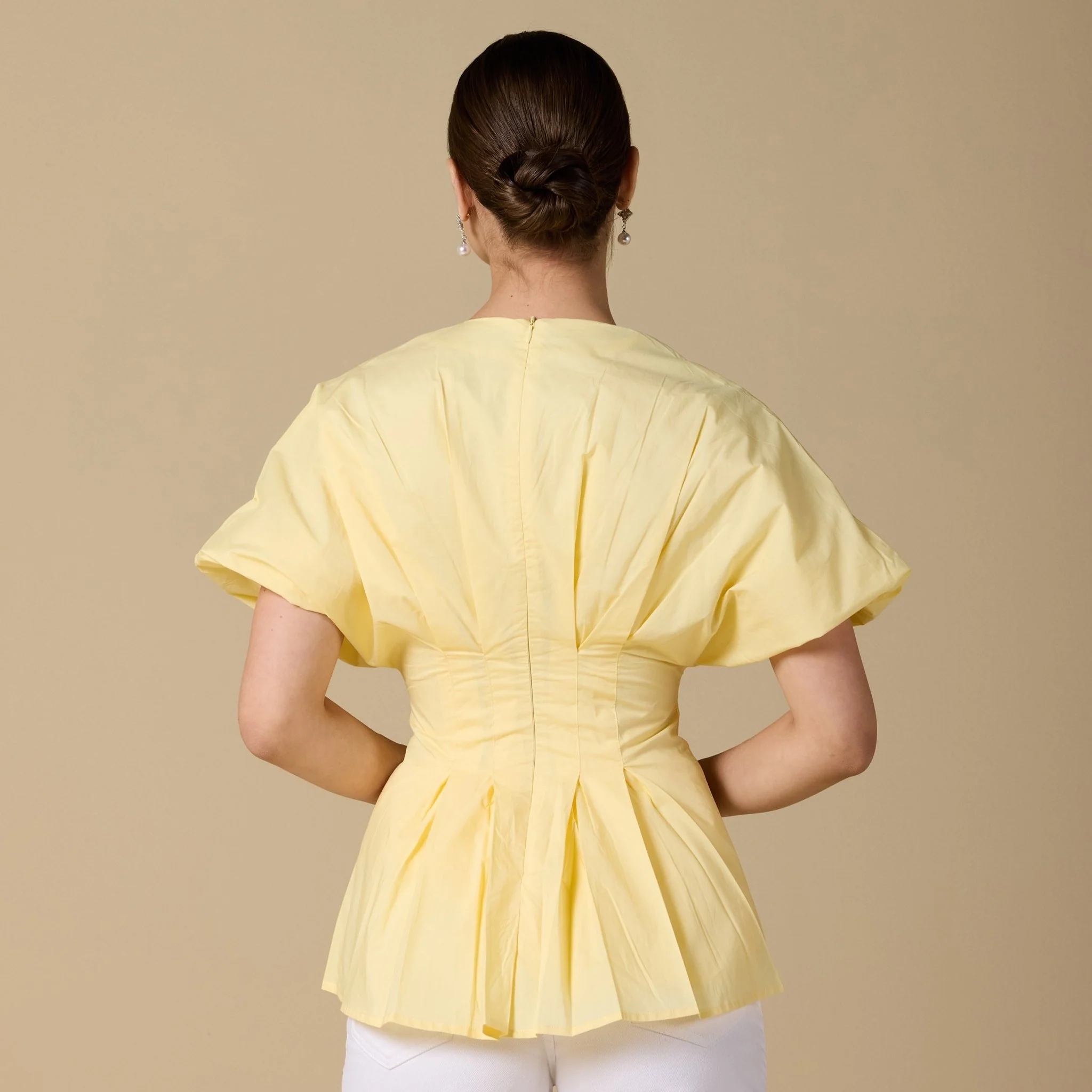 Cotton V-Neck Pleated Top with Short Sleeves - Image 9