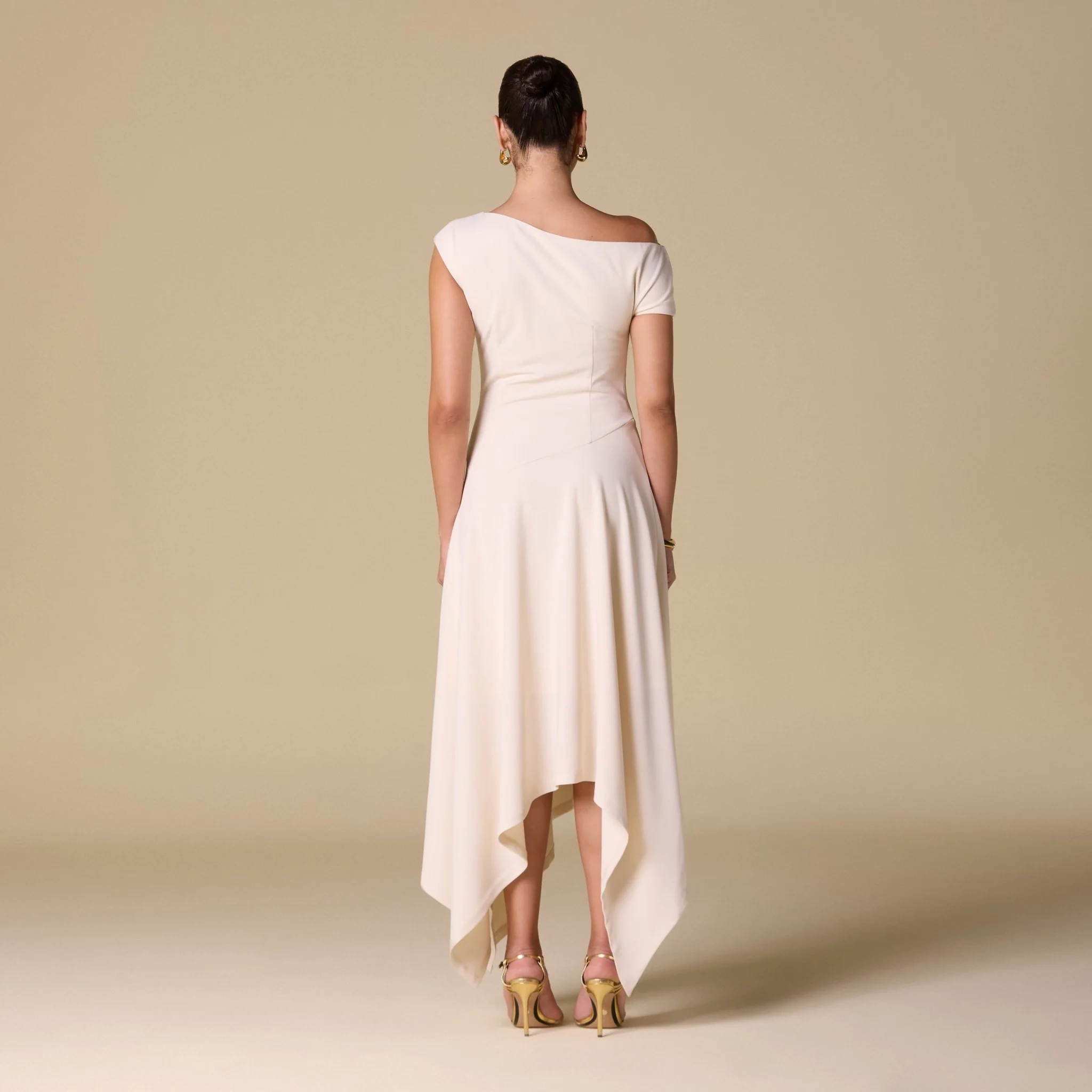 Crepe Off Shoulder Asymmetric Midi Dress - Image 4