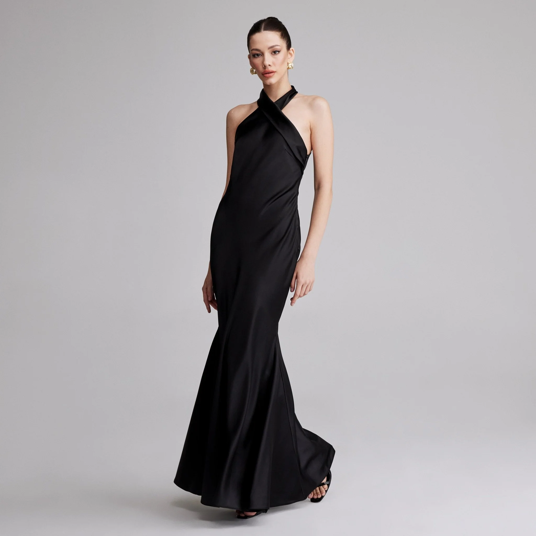Black Criss Cross Halter Satin Maxi Dress - Image 3