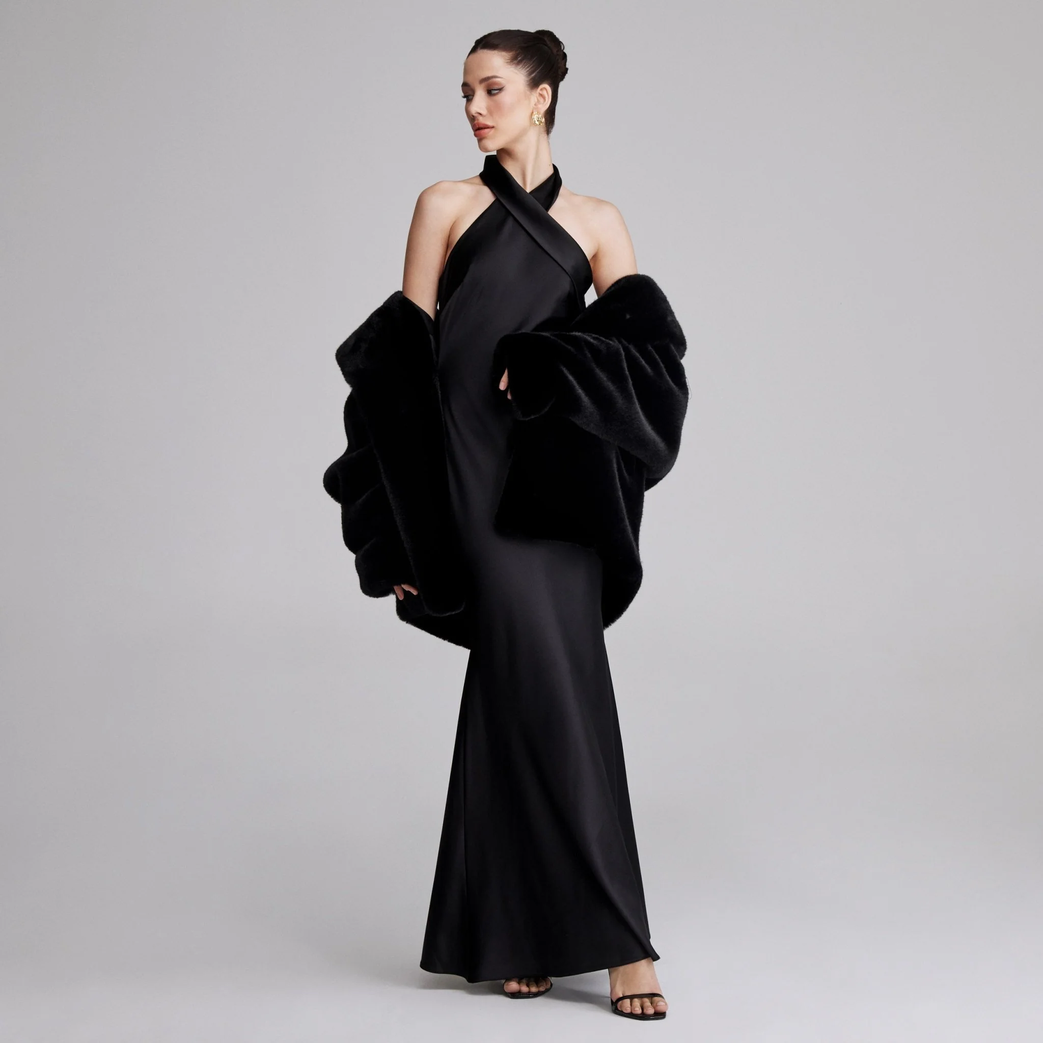 Black Criss Cross Halter Satin Maxi Dress - Image 5