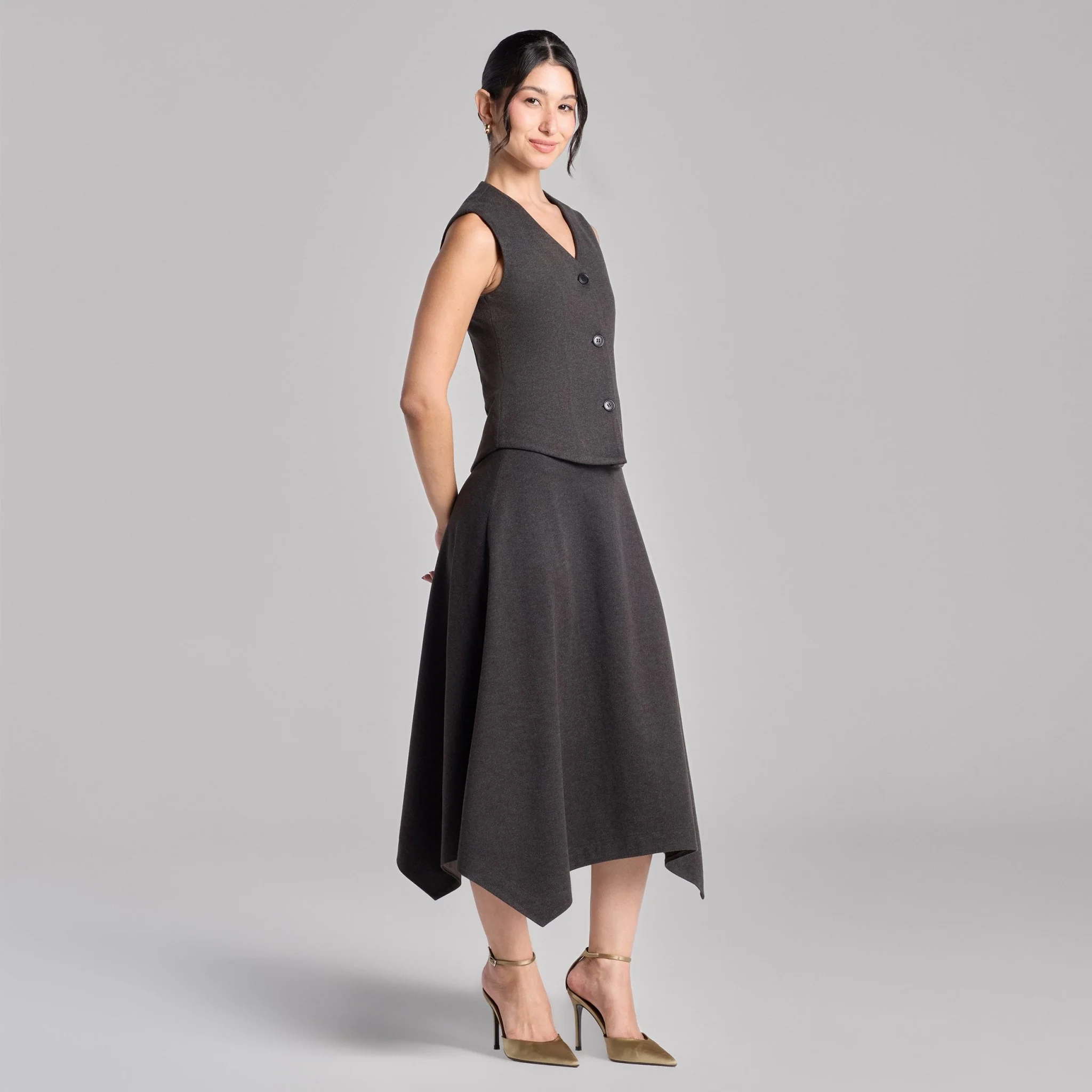 Dark Gray Button-Front Twill Top & Midi Skirt Set - Image 3