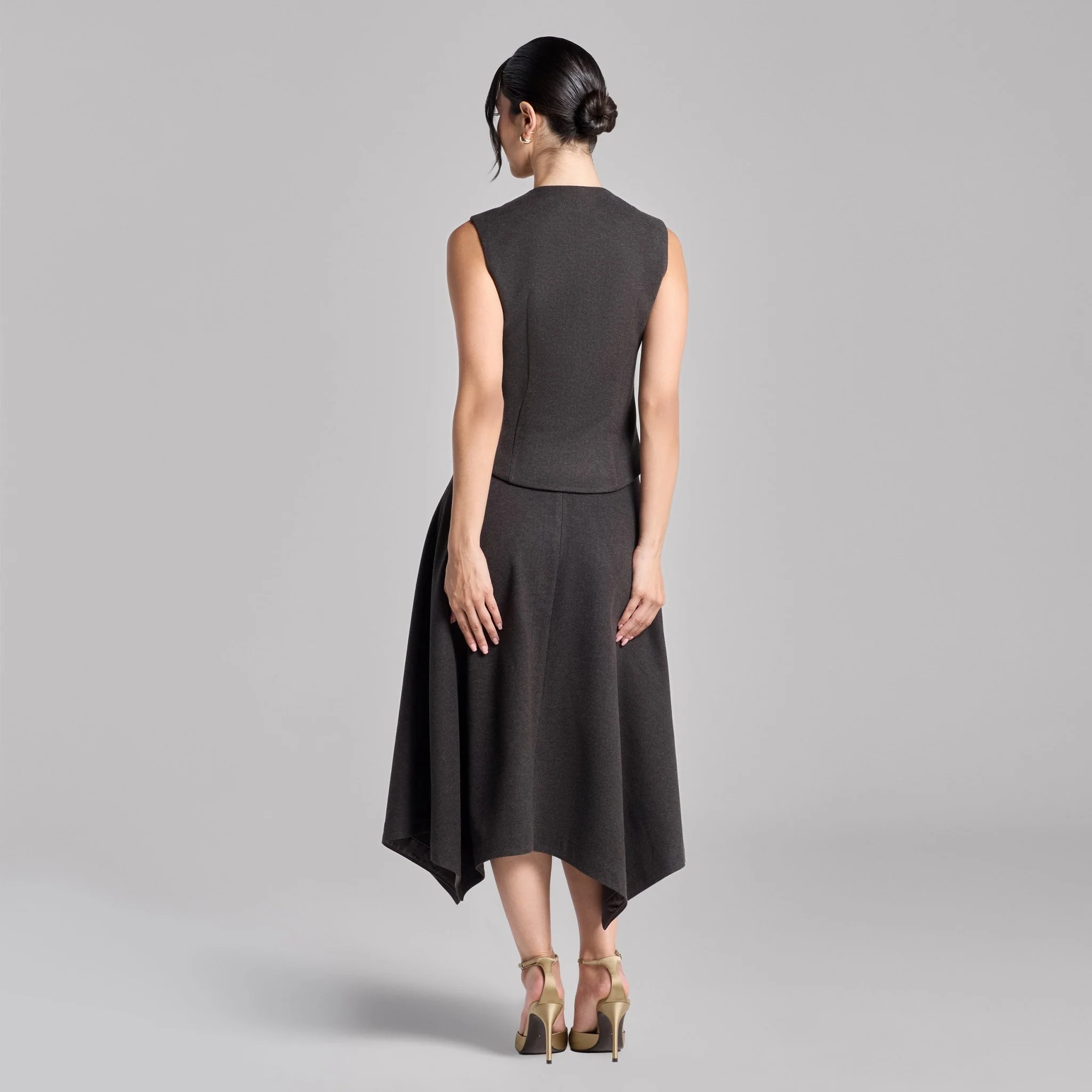 Dark Gray Button-Front Twill Top & Midi Skirt Set - Image 4